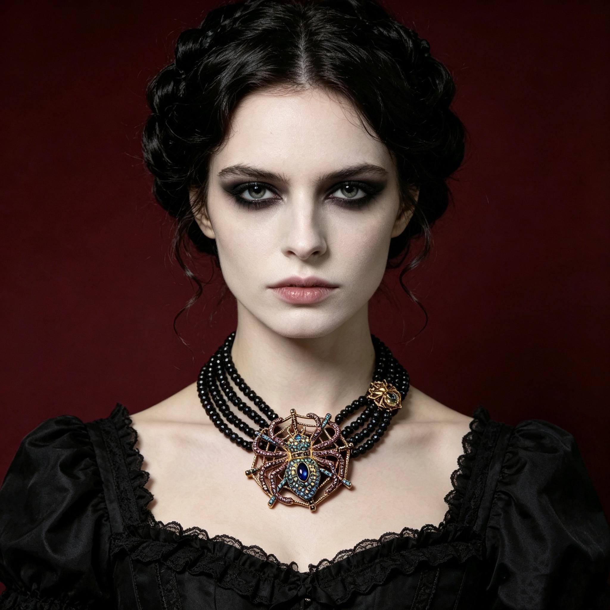 MourningGardenStudio Black Spinel Spider Choker Hand Beaded Gothic Necklace