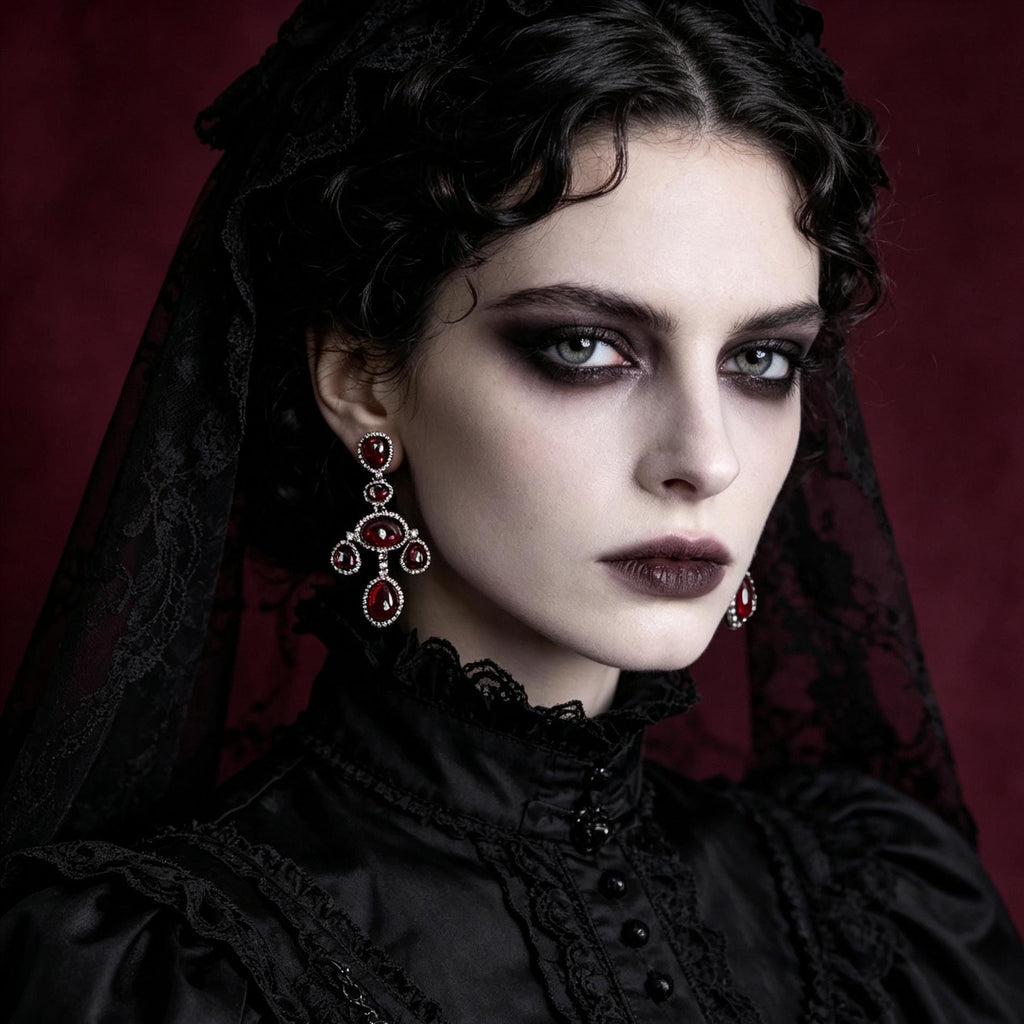 Mourninggardenstudio Victorian Gothic Drop Earrings Red Crystal Zirconia