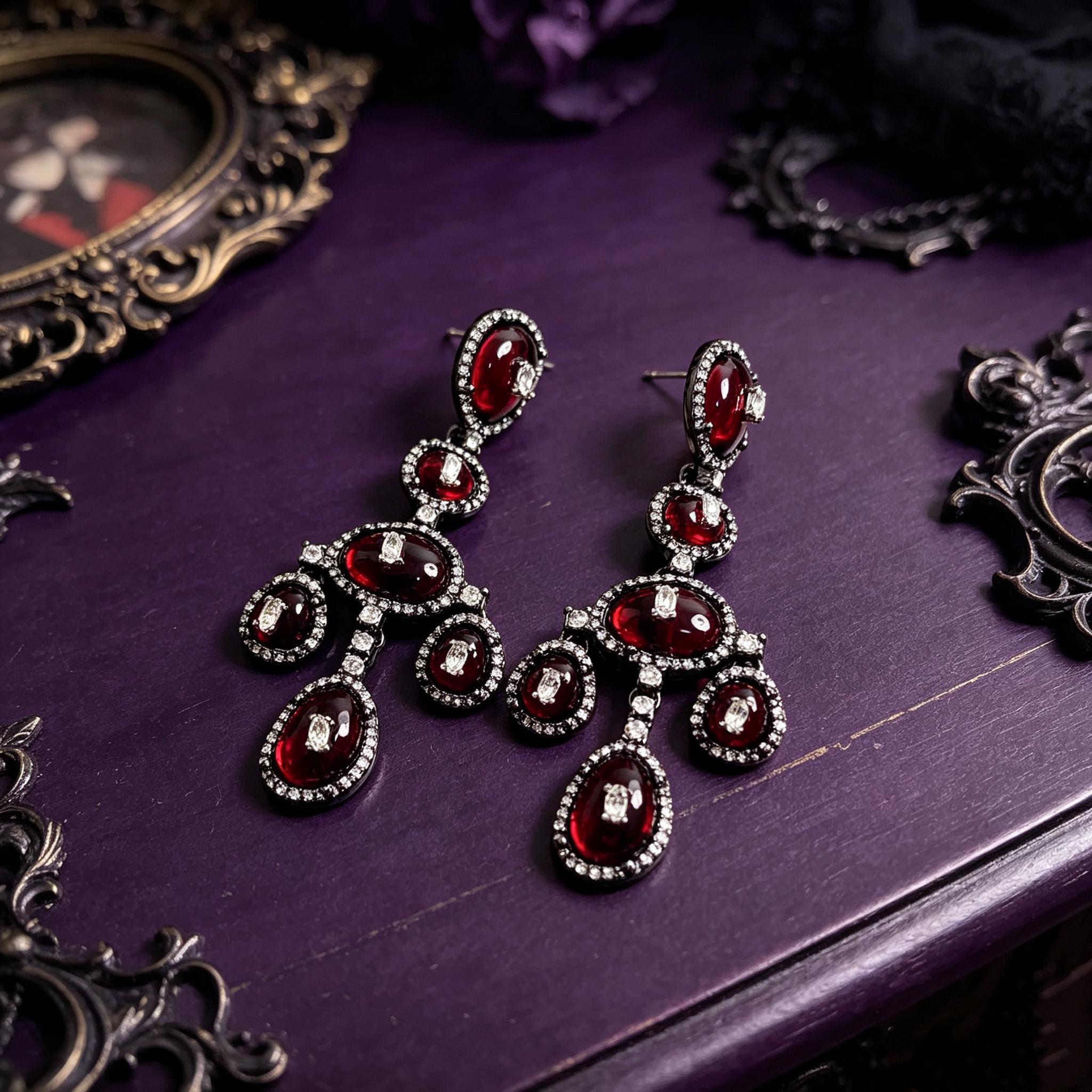 Mourninggardenstudio Victorian Gothic Drop Earrings Red Crystal Zirconia