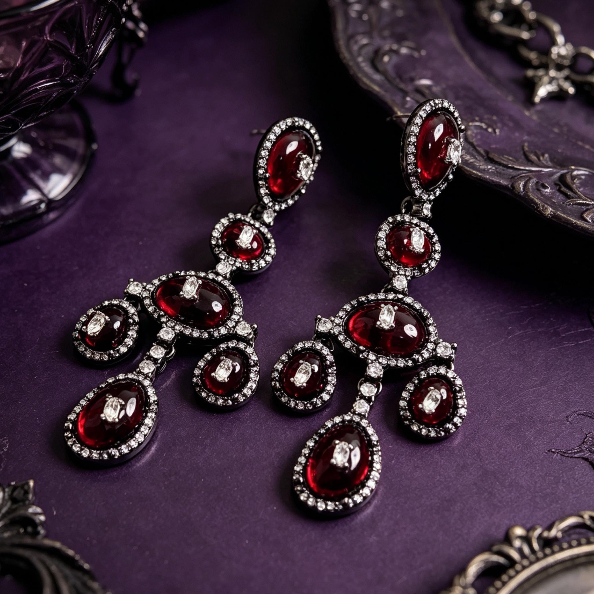 Mourninggardenstudio Victorian Gothic Drop Earrings Red Crystal Zirconia