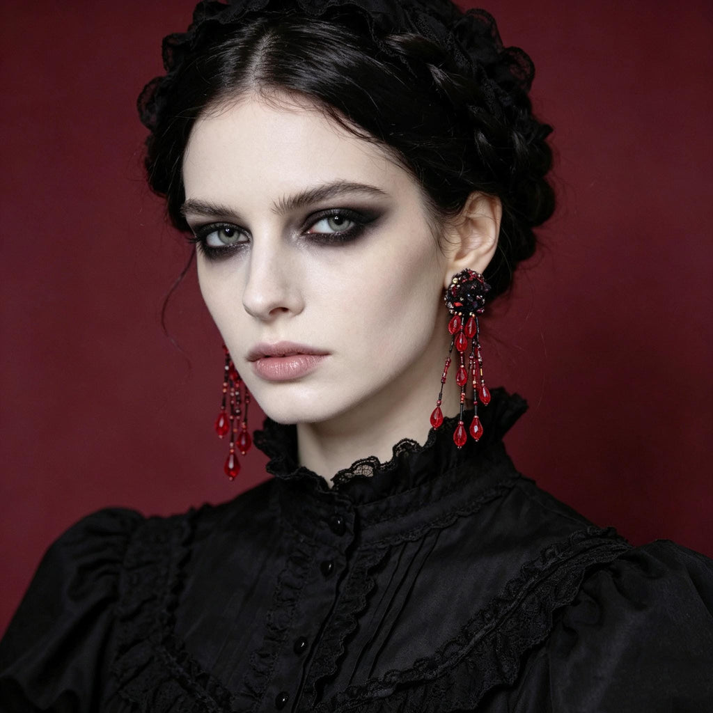 MourningGardenStudio Handmade Gothic Tassel Earrings Beaded Lace Crimson Drops