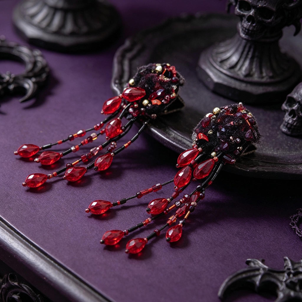 MourningGardenStudio Handmade Gothic Tassel Earrings Beaded Lace Crimson Drops
