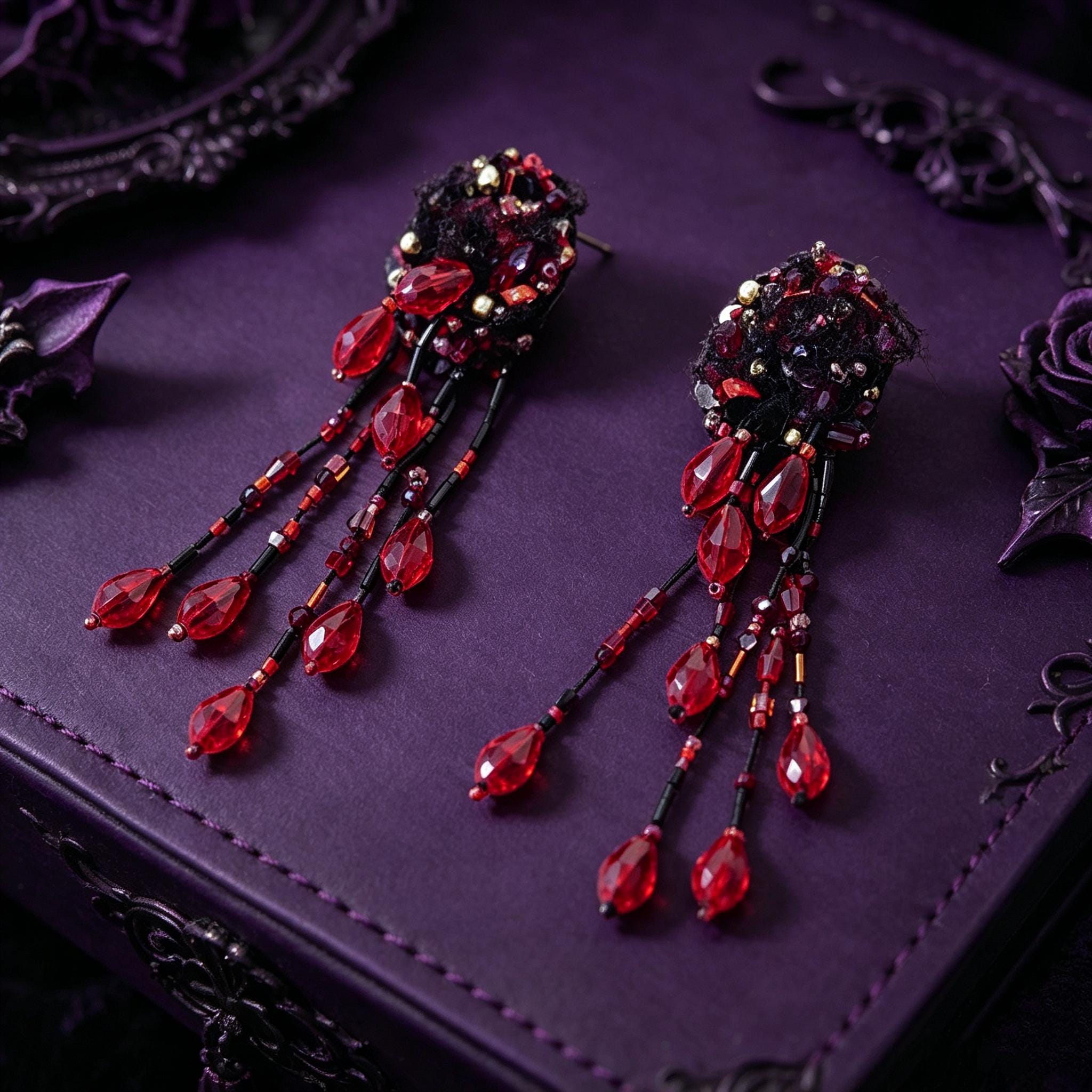 MourningGardenStudio Handmade Gothic Tassel Earrings Beaded Lace Crimson Drops