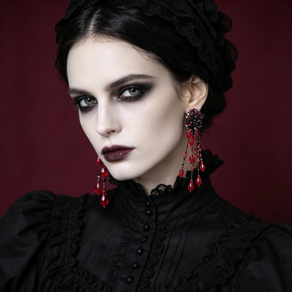 MourningGardenStudio Handmade Gothic Tassel Earrings Beaded Lace Crimson Drops