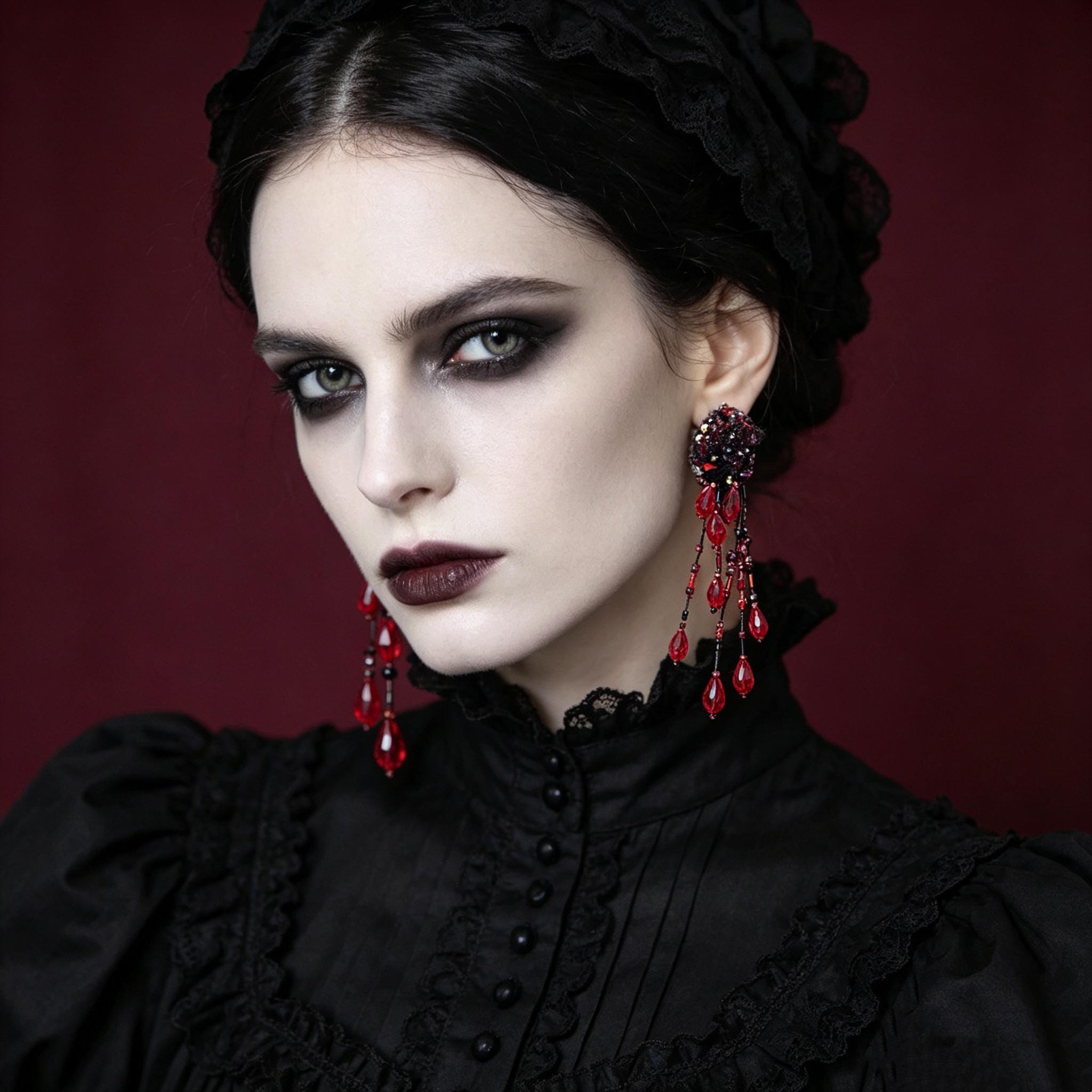 MourningGardenStudio Handmade Gothic Tassel Earrings Beaded Lace Crimson Drops
