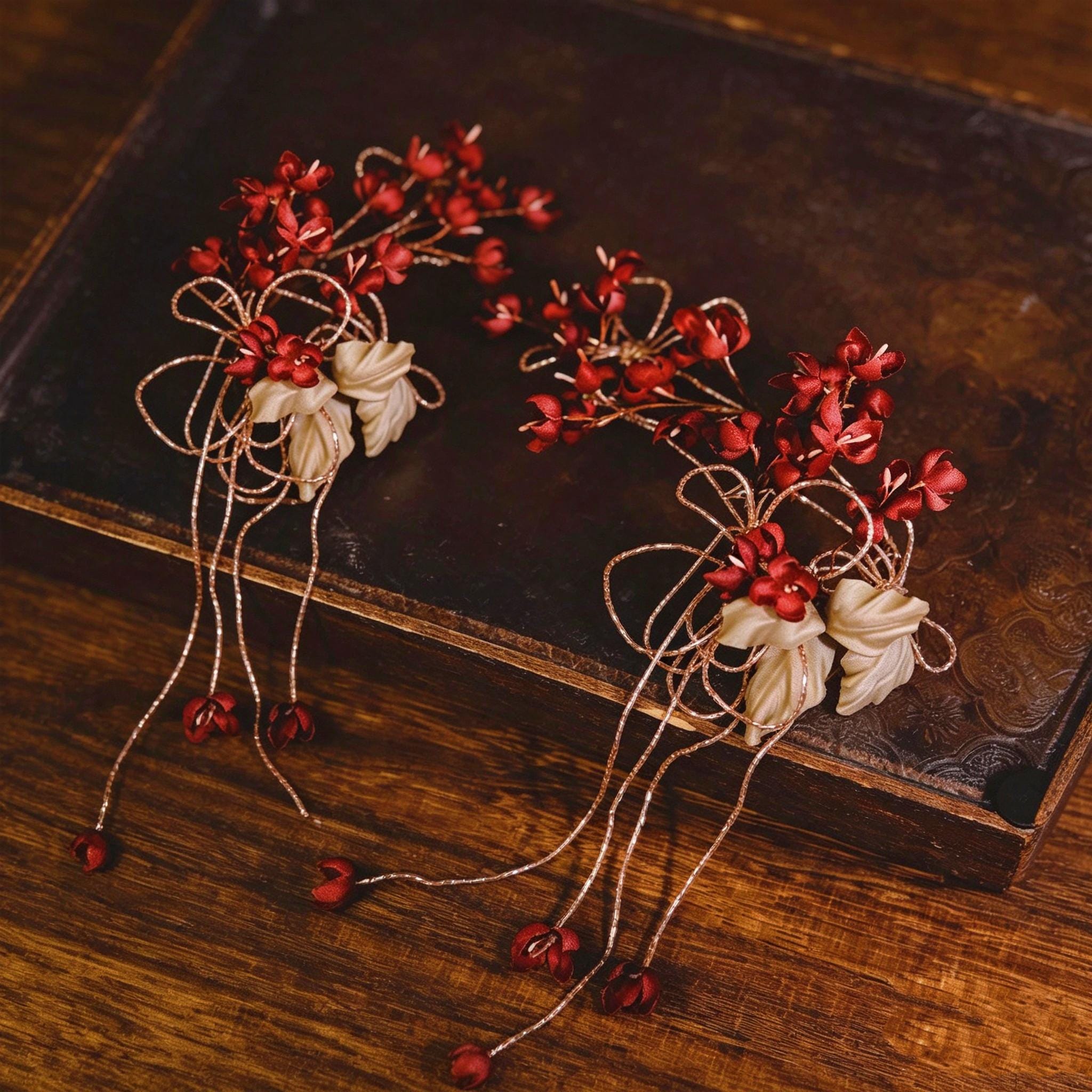 Handmade Red Flower Hair Vine Gothic Floral Headpiece Victorian Hair Accessory