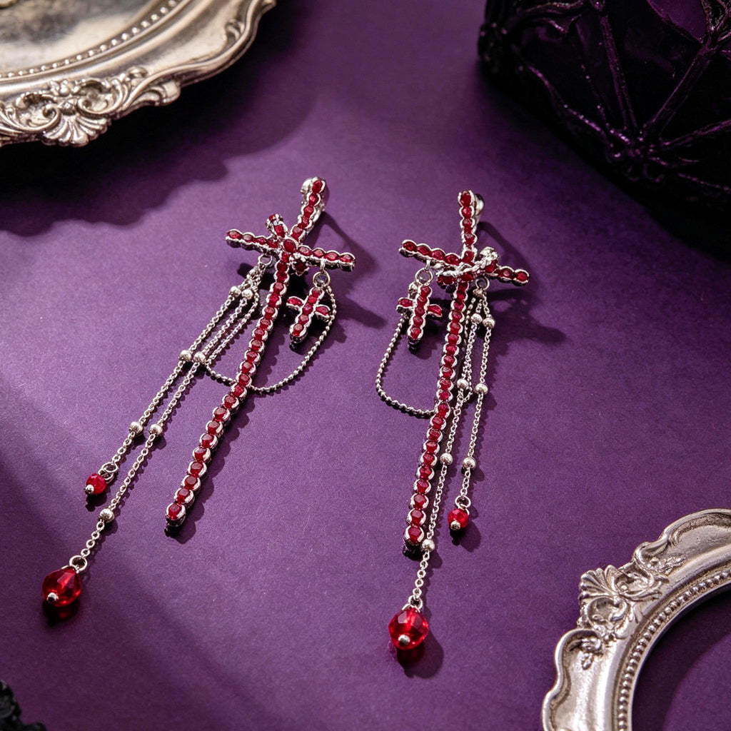 MourningGardenStudio Gothic Cross Drop Earrings Red Crystal Tassel
