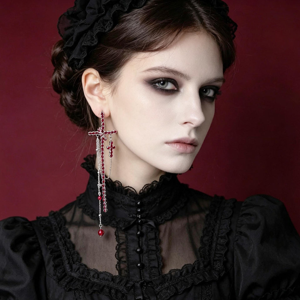 MourningGardenStudio Gothic Cross Drop Earrings Red Crystal Tassel
