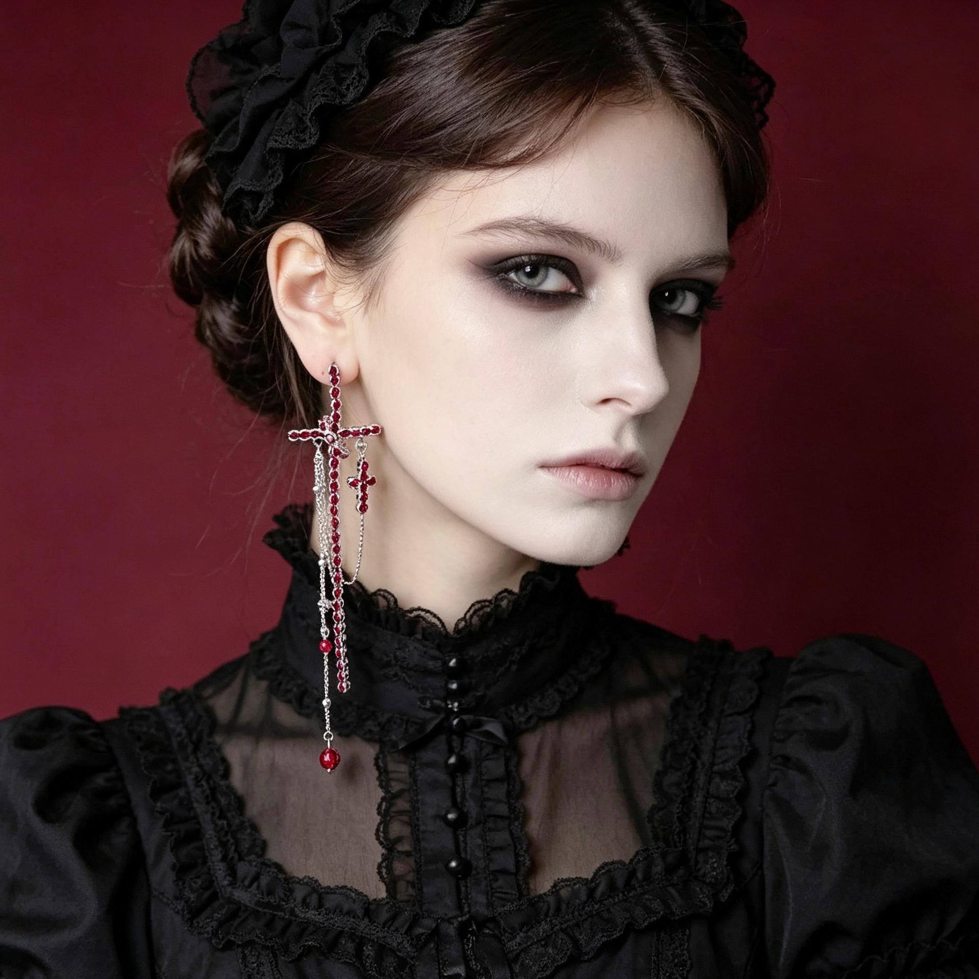 MourningGardenStudio Gothic Cross Drop Earrings Red Crystal Tassel