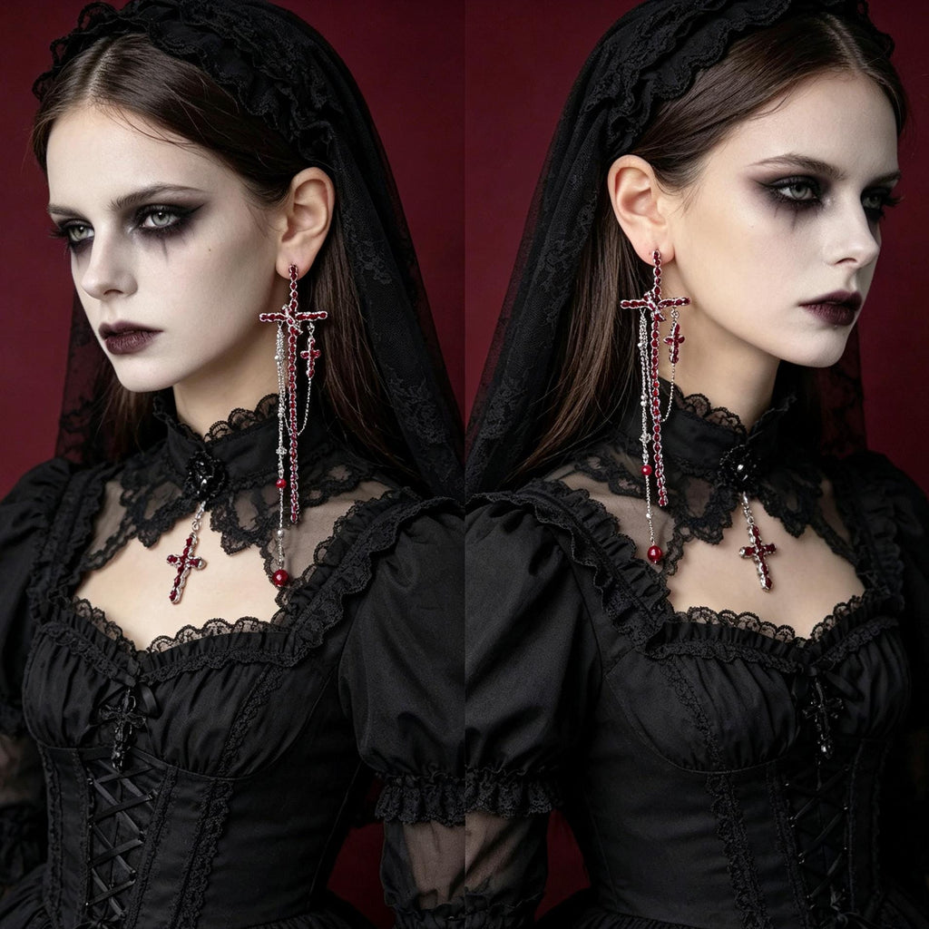 MourningGardenStudio Gothic Cross Drop Earrings Red Crystal Tassel