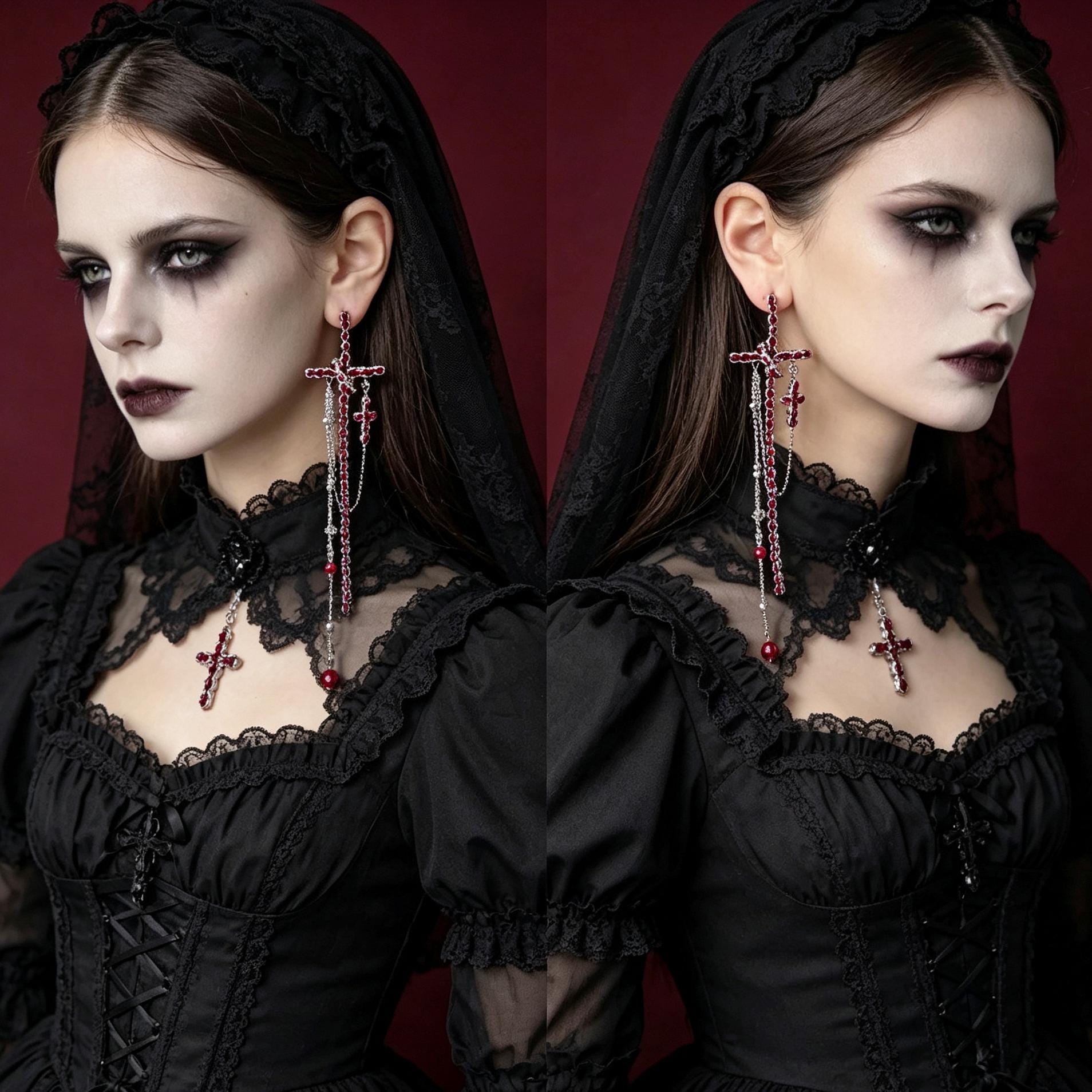 MourningGardenStudio Gothic Cross Drop Earrings Red Crystal Tassel