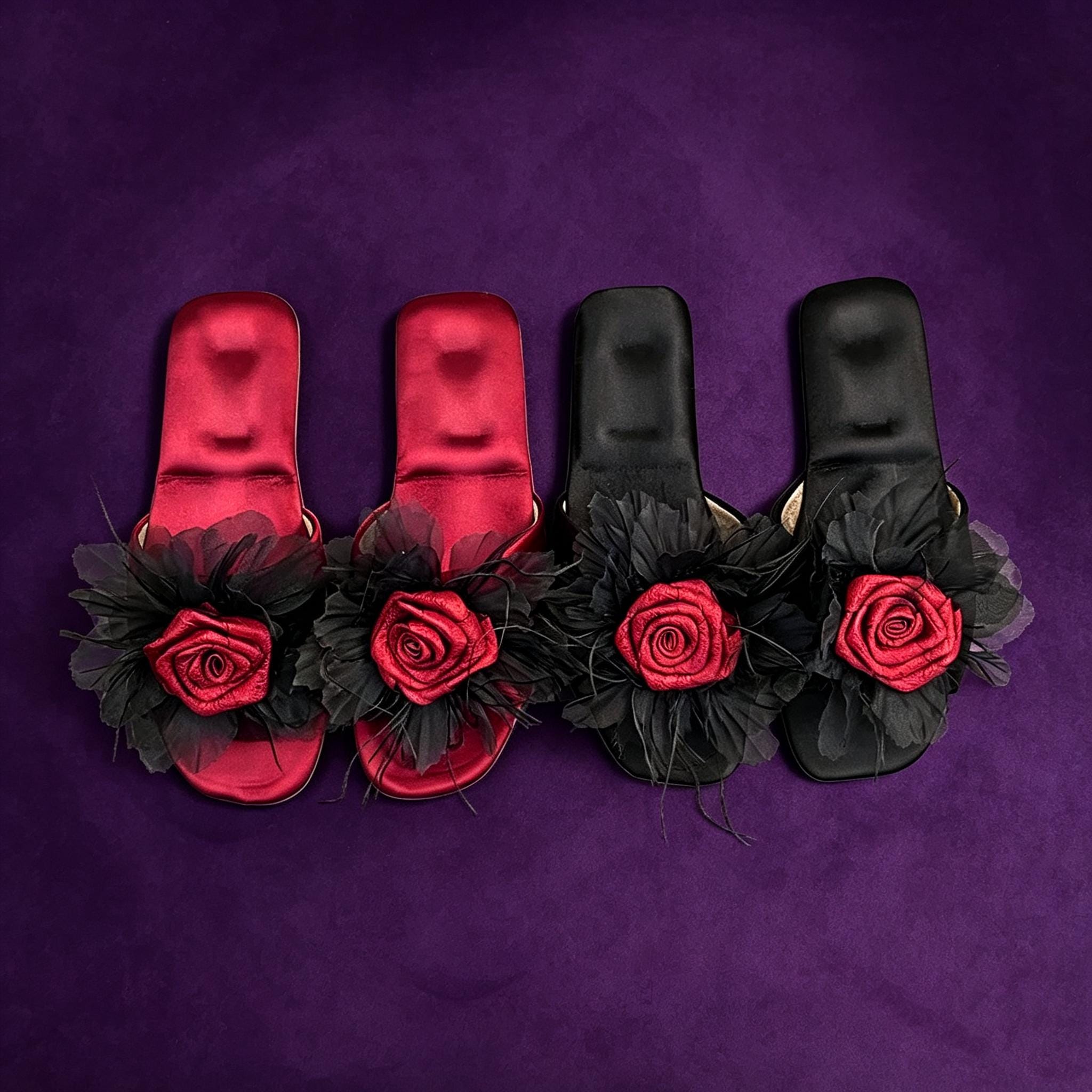 MourningGardenStudio Gothic Rose Black Tulle House Slippers