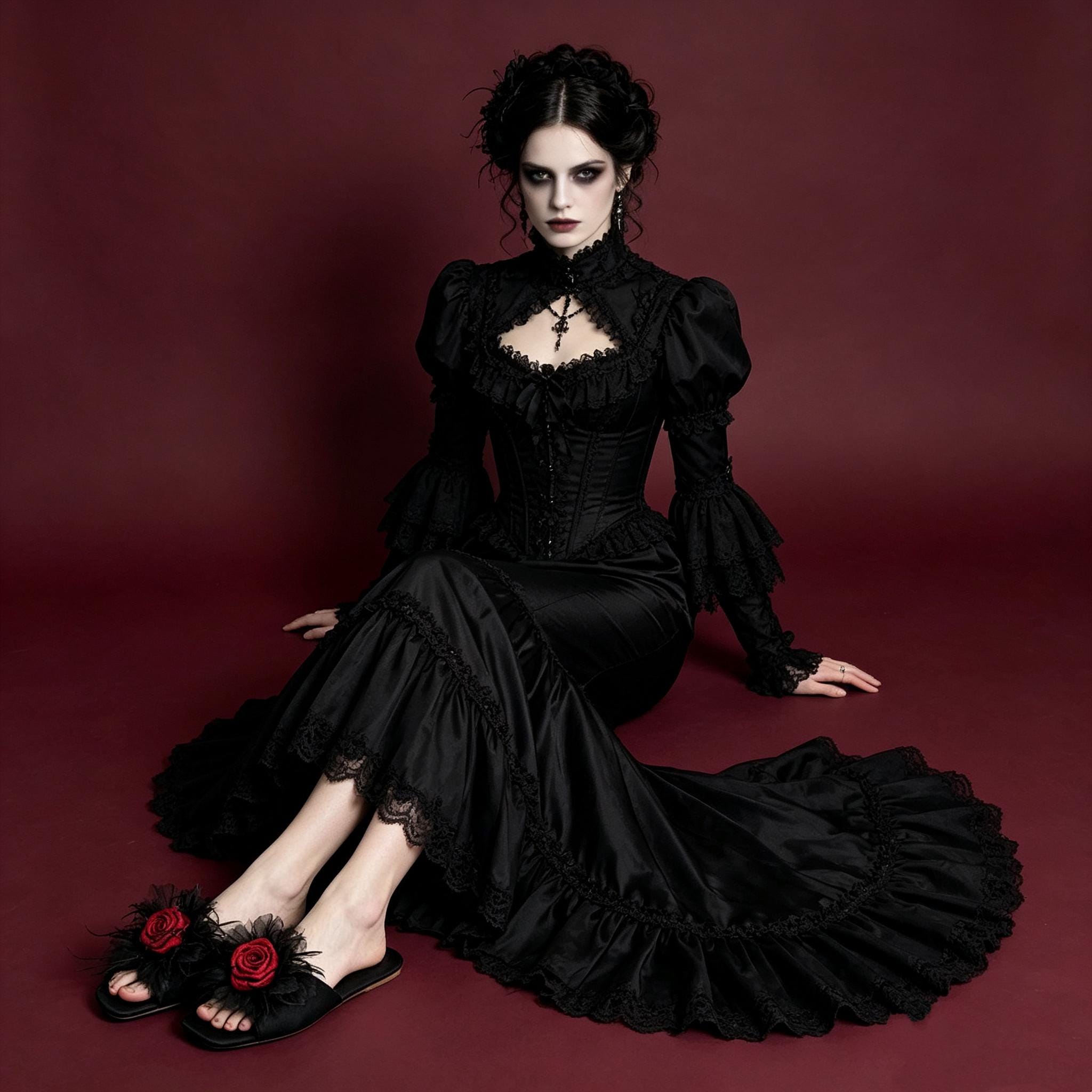 MourningGardenStudio Gothic Rose Black Tulle House Slippers