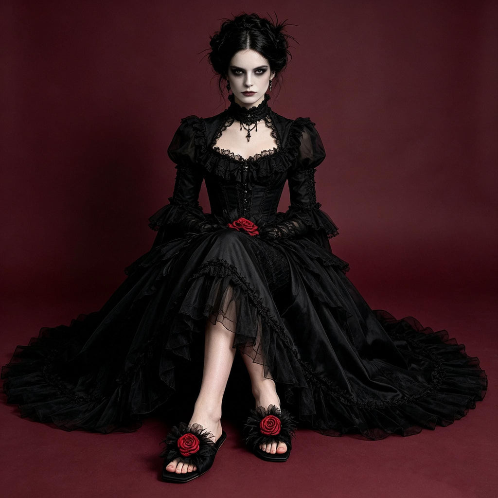MourningGardenStudio Gothic Rose Black Tulle House Slippers