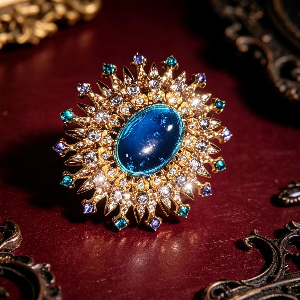 Victorian Sapphire Sun Brooch Gold Crystal Pin Gothic Duchess Gift Jewelry