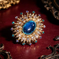 Victorian Sapphire Sun Brooch Gold Crystal Pin Gothic Duchess Gift Jewelry