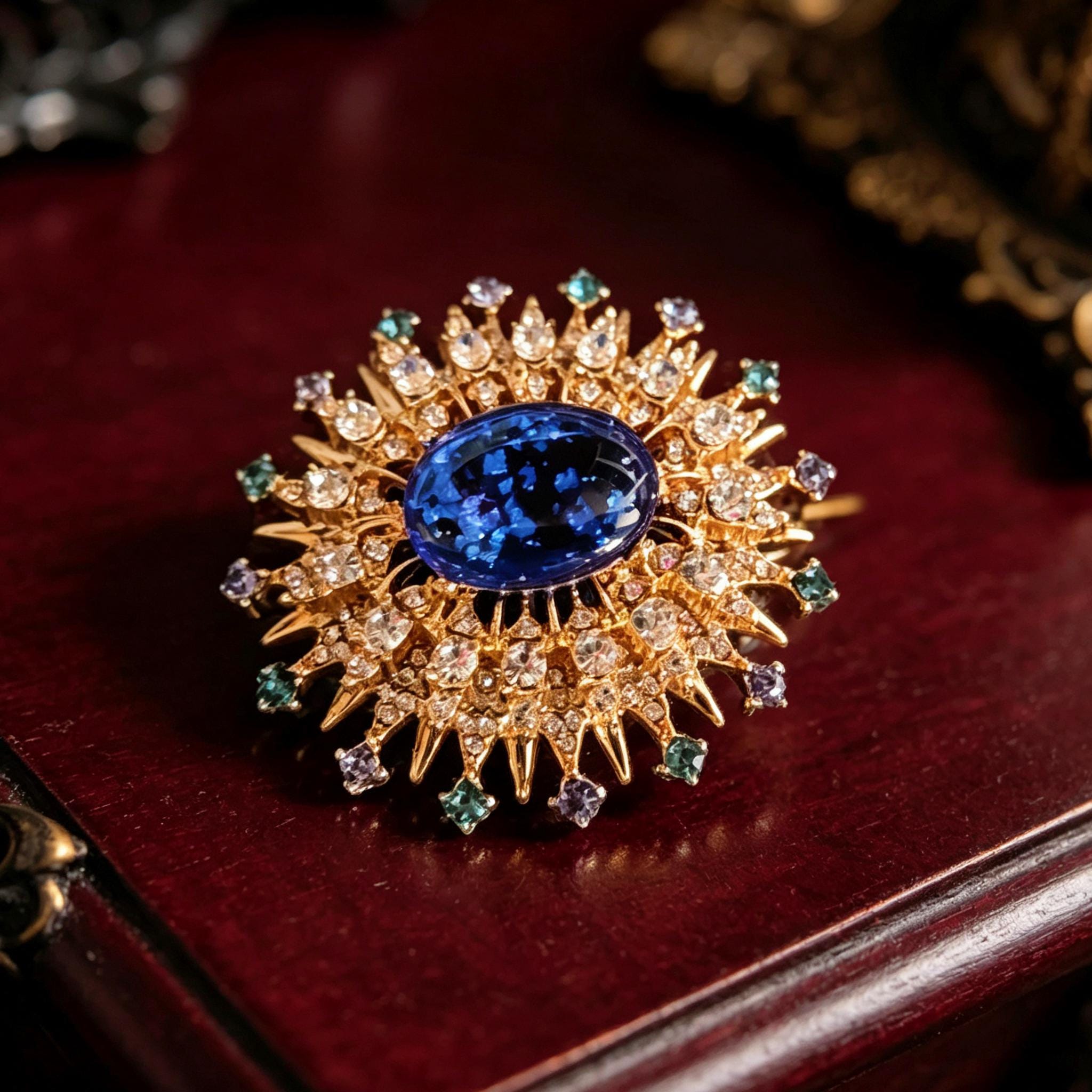 Victorian Sapphire Sun Brooch Gold Crystal Pin Gothic Duchess Gift Jewelry