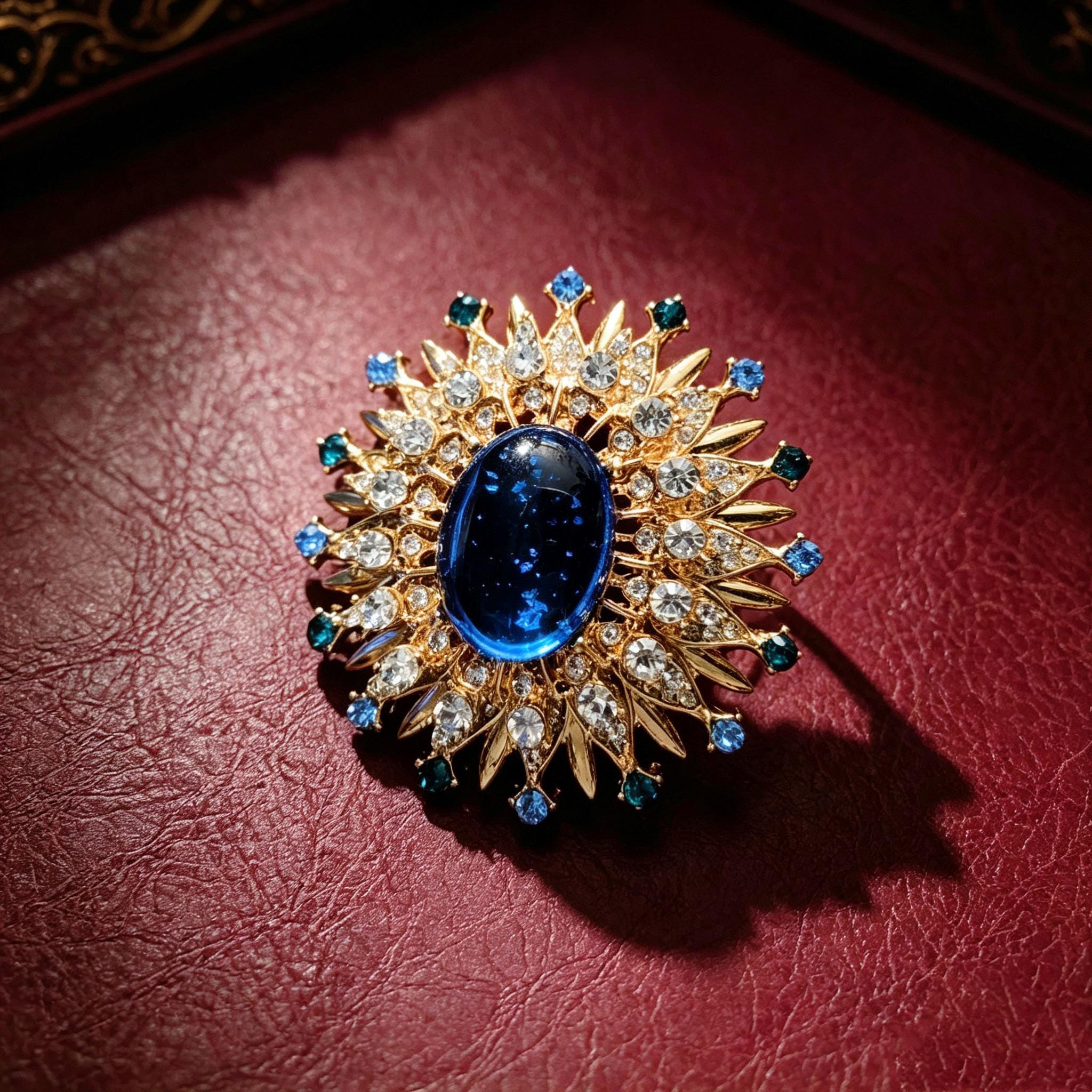 Victorian Sapphire Sun Brooch Gold Crystal Pin Gothic Duchess Gift Jewelry