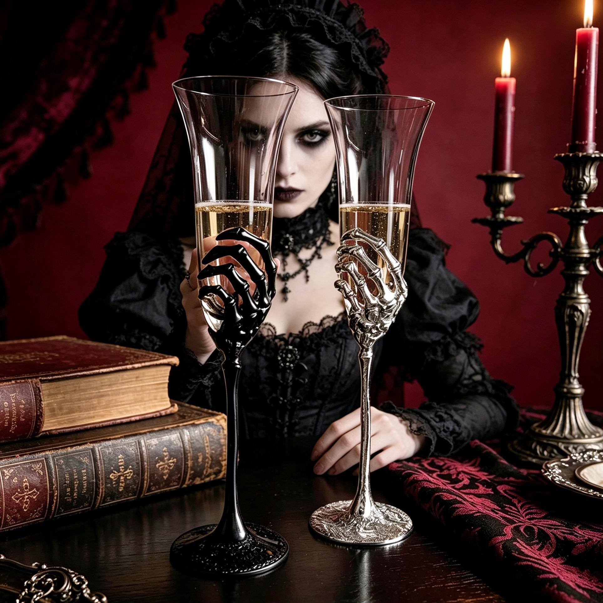MourningGardenStudio Skeleton Hand Champagne Flute Gothic Wedding Toast Glass