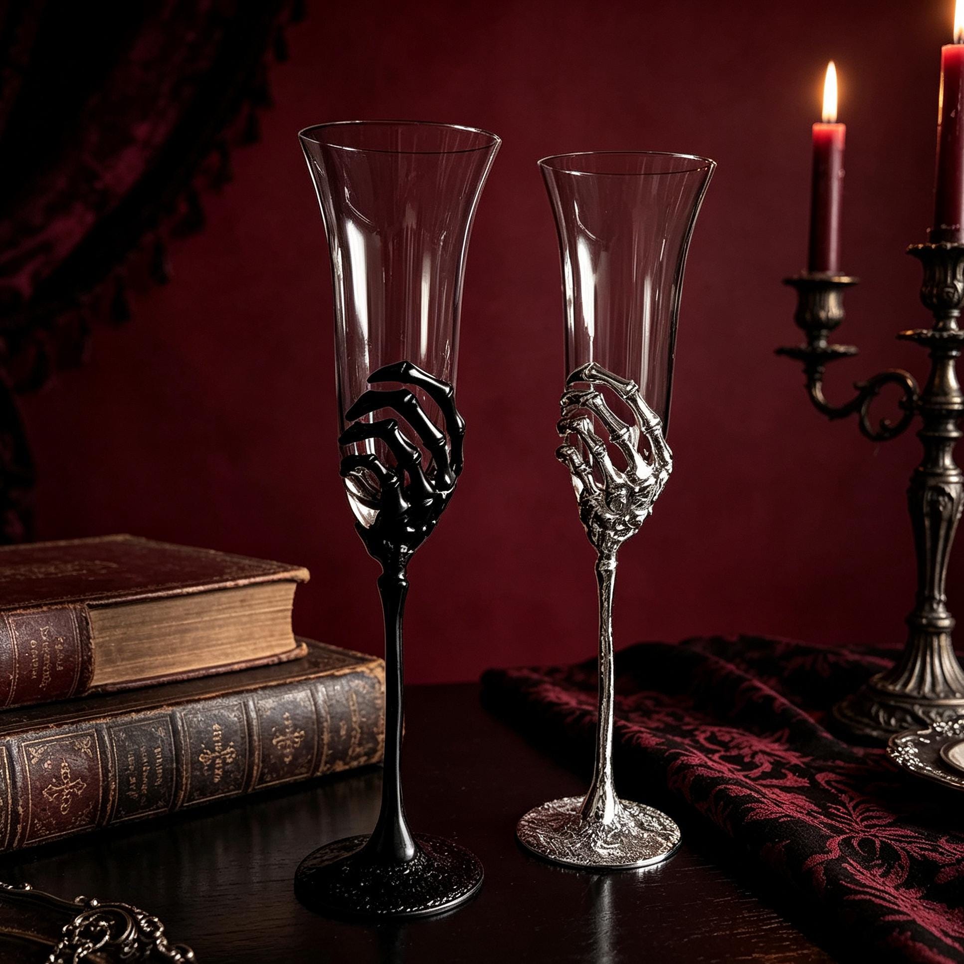 MourningGardenStudio Skeleton Hand Champagne Flute Gothic Wedding Toast Glass