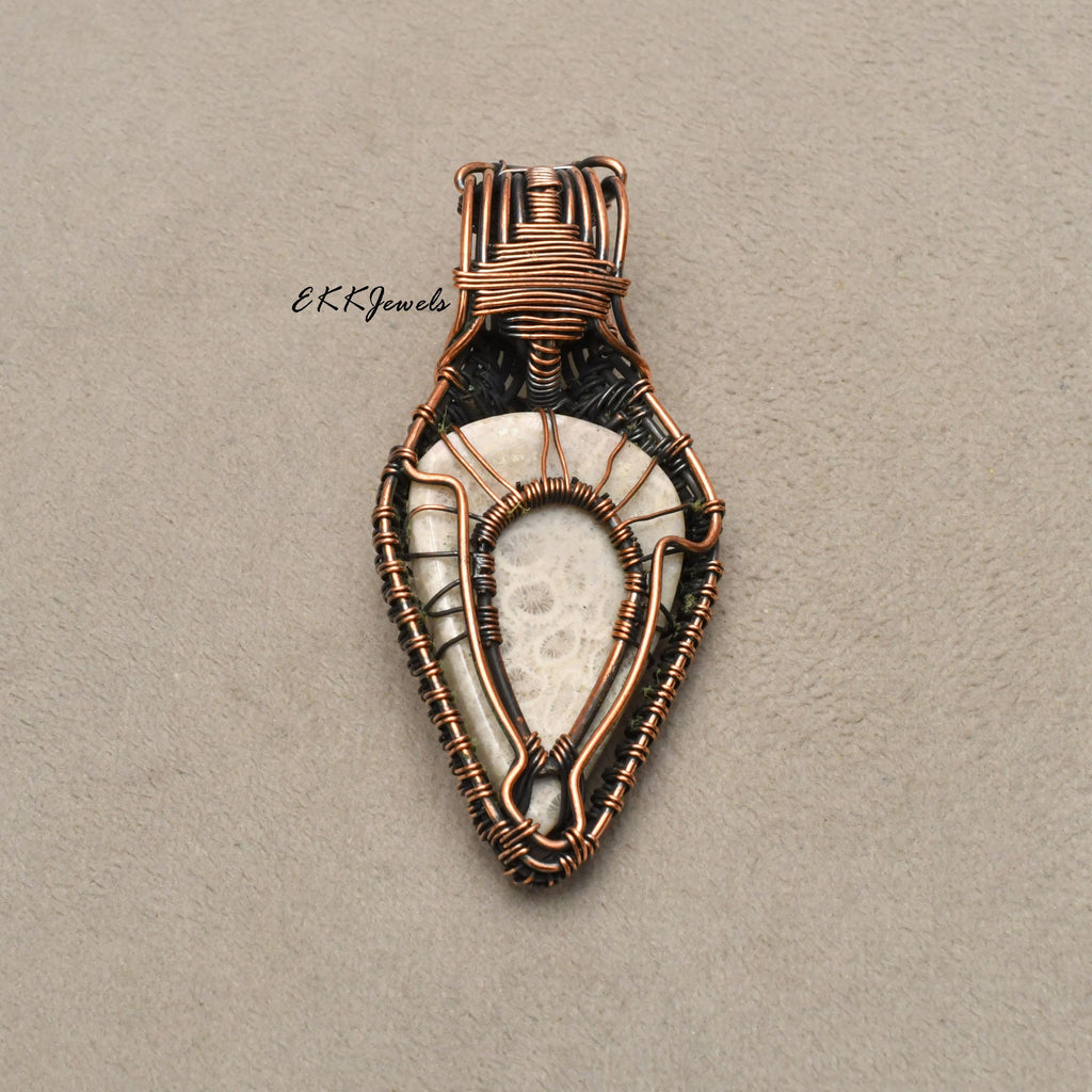 EkkJewels Handmade Fossil Coral Pendant Copper Wire Wrapped Necklace