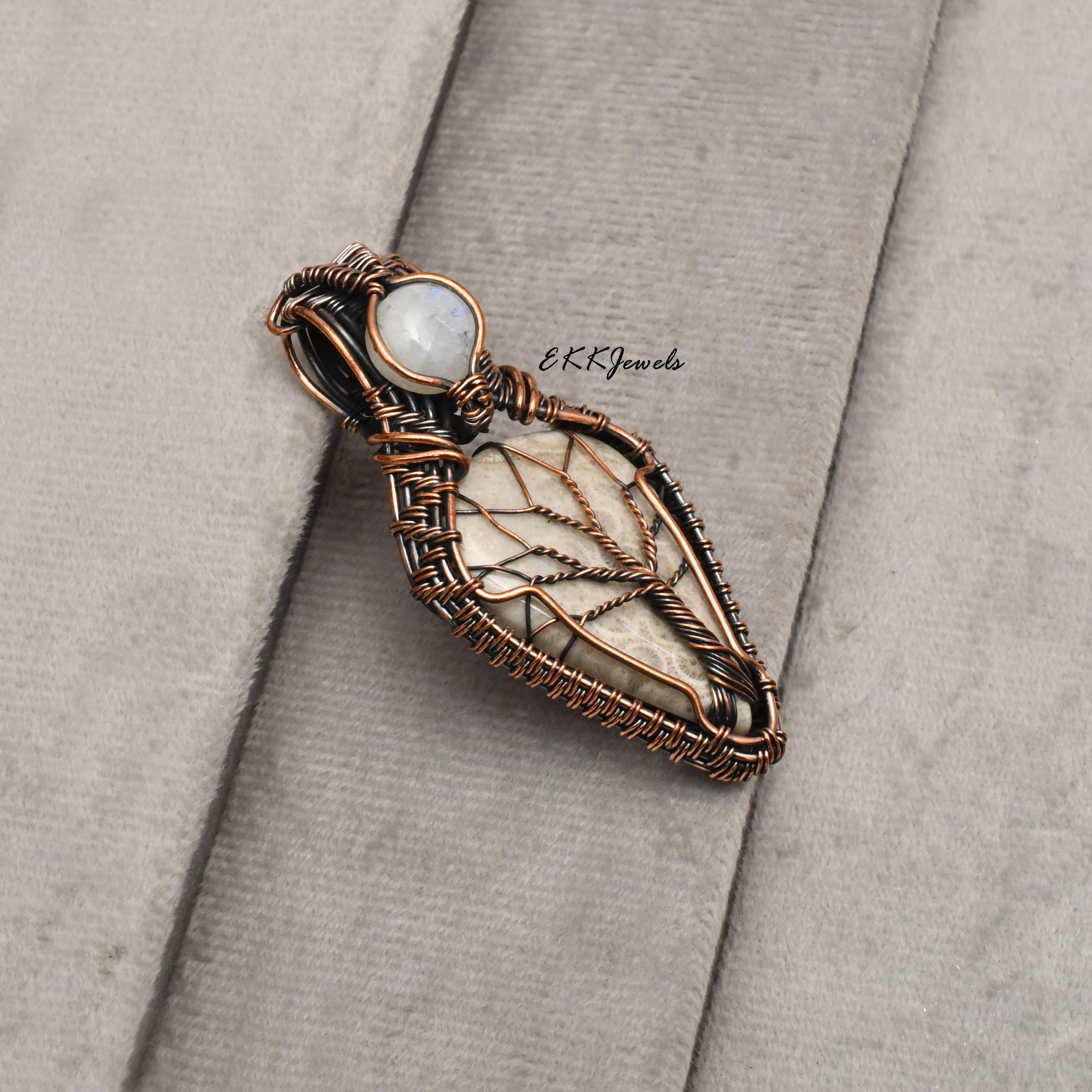 EkkJewels Handmade Fossil Coral Pendant Copper Wire Wrapped Necklace