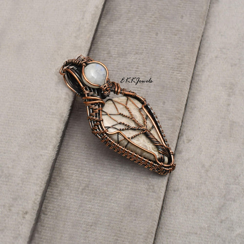 EkkJewels Handmade Fossil Coral Pendant Copper Wire Wrapped Necklace