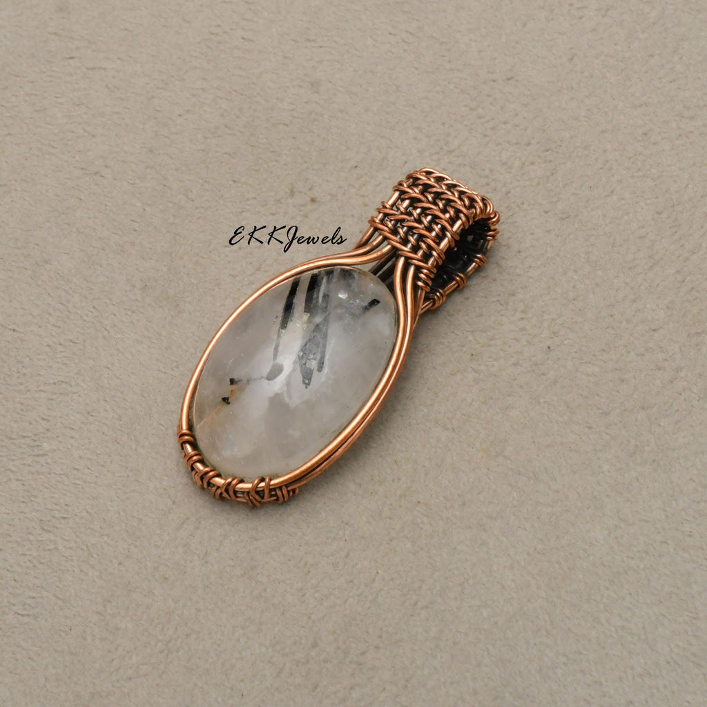 EkkJewels Black Rutile Copper Wire Wrapped Pendant Necklace Jewelry
