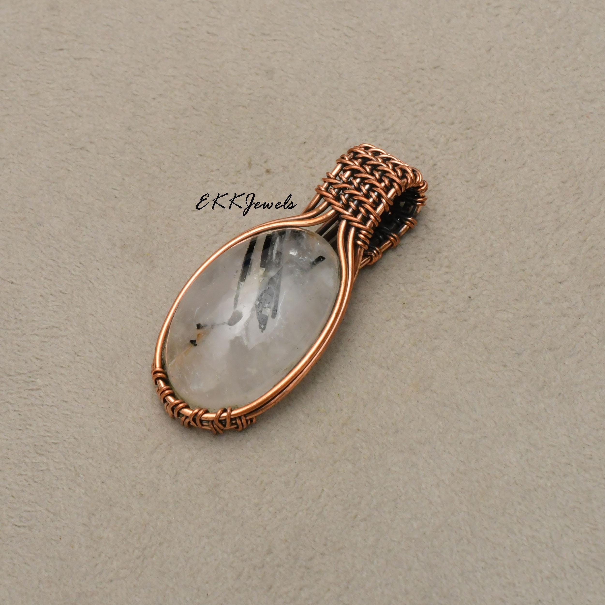EkkJewels Black Rutile Copper Wire Wrapped Pendant Necklace Jewelry