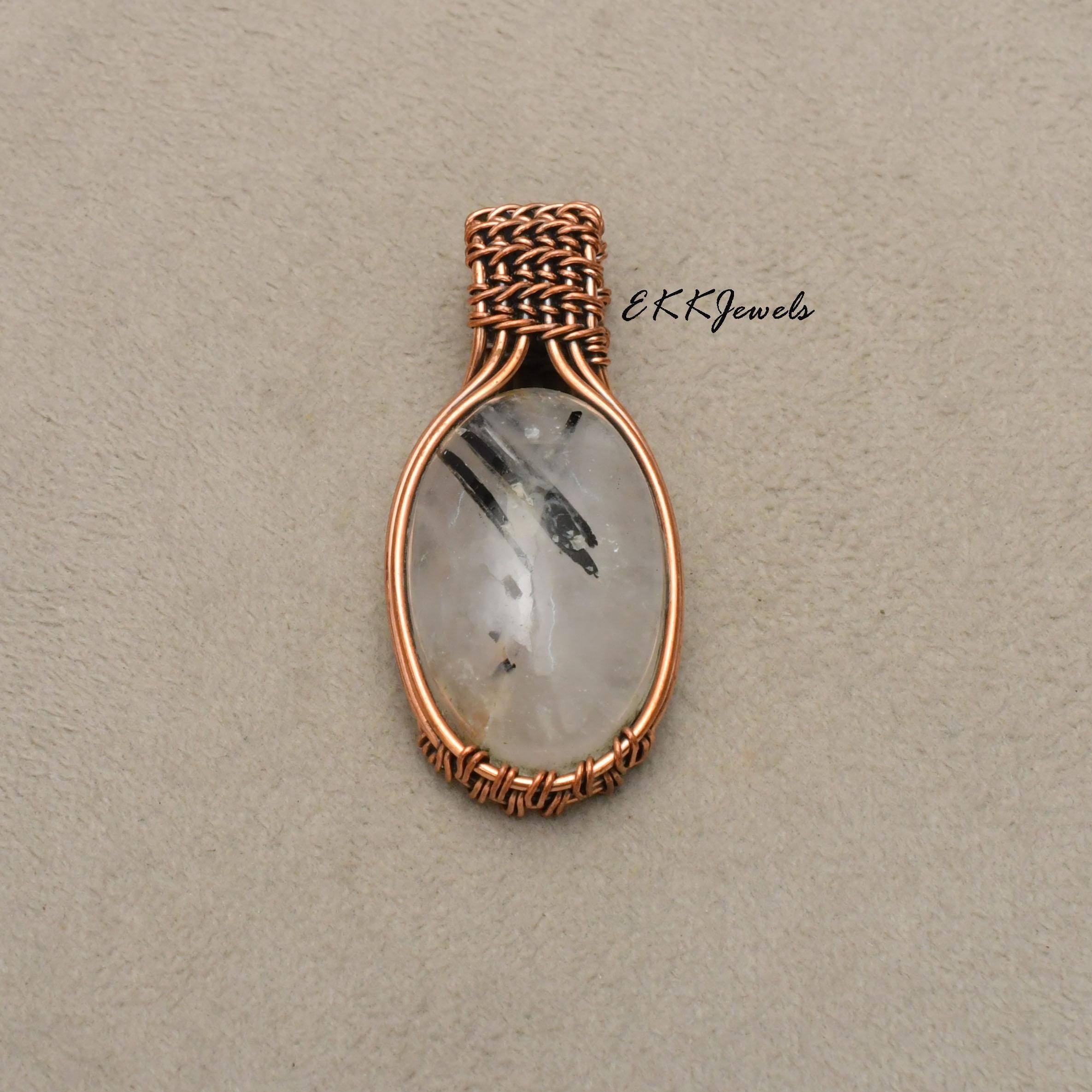 EkkJewels Black Rutile Copper Wire Wrapped Pendant Necklace Jewelry