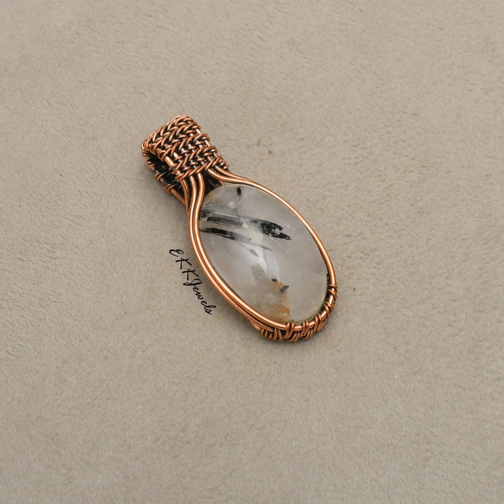 EkkJewels Black Rutile Copper Wire Wrapped Pendant Necklace Jewelry