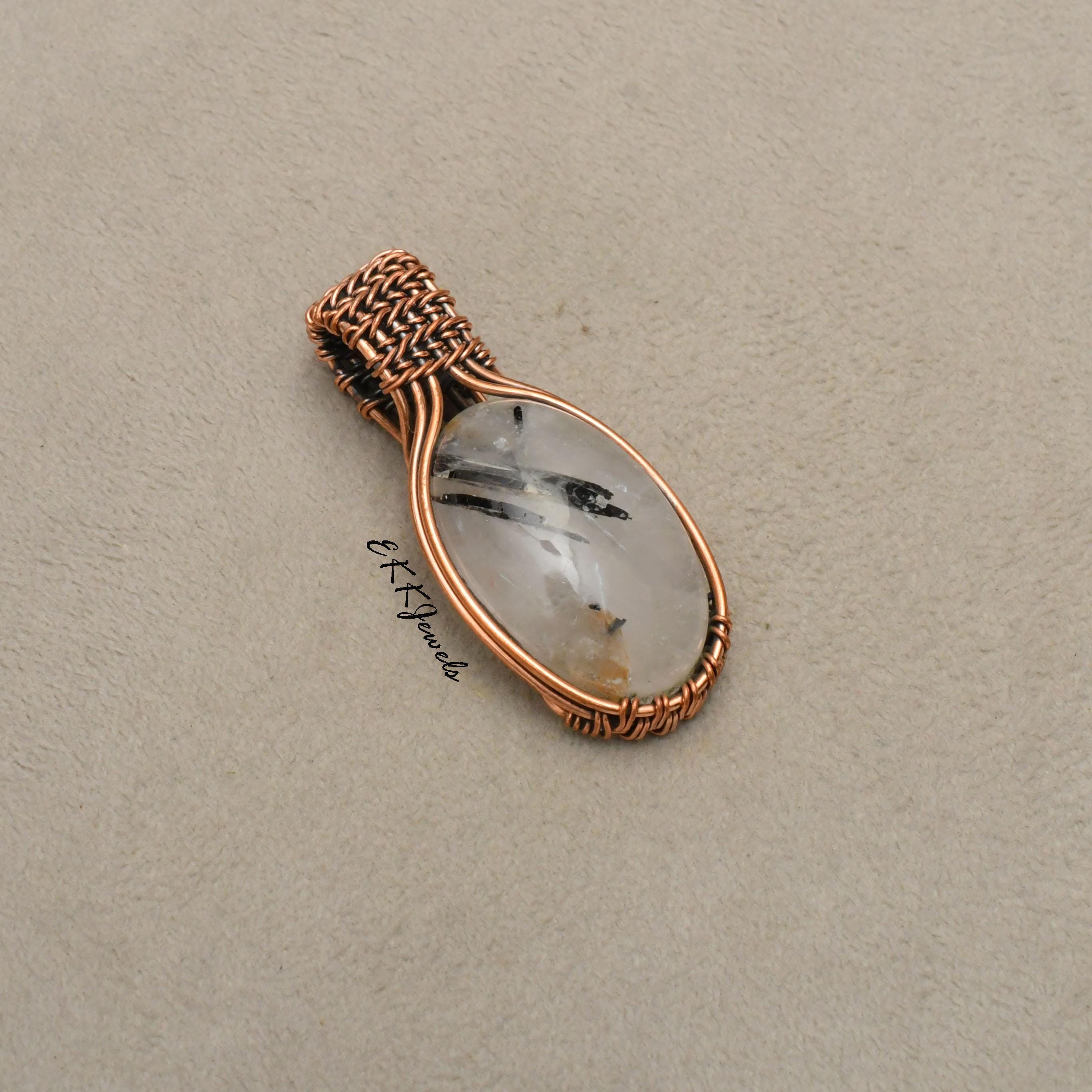 EkkJewels Black Rutile Copper Wire Wrapped Pendant Necklace Jewelry