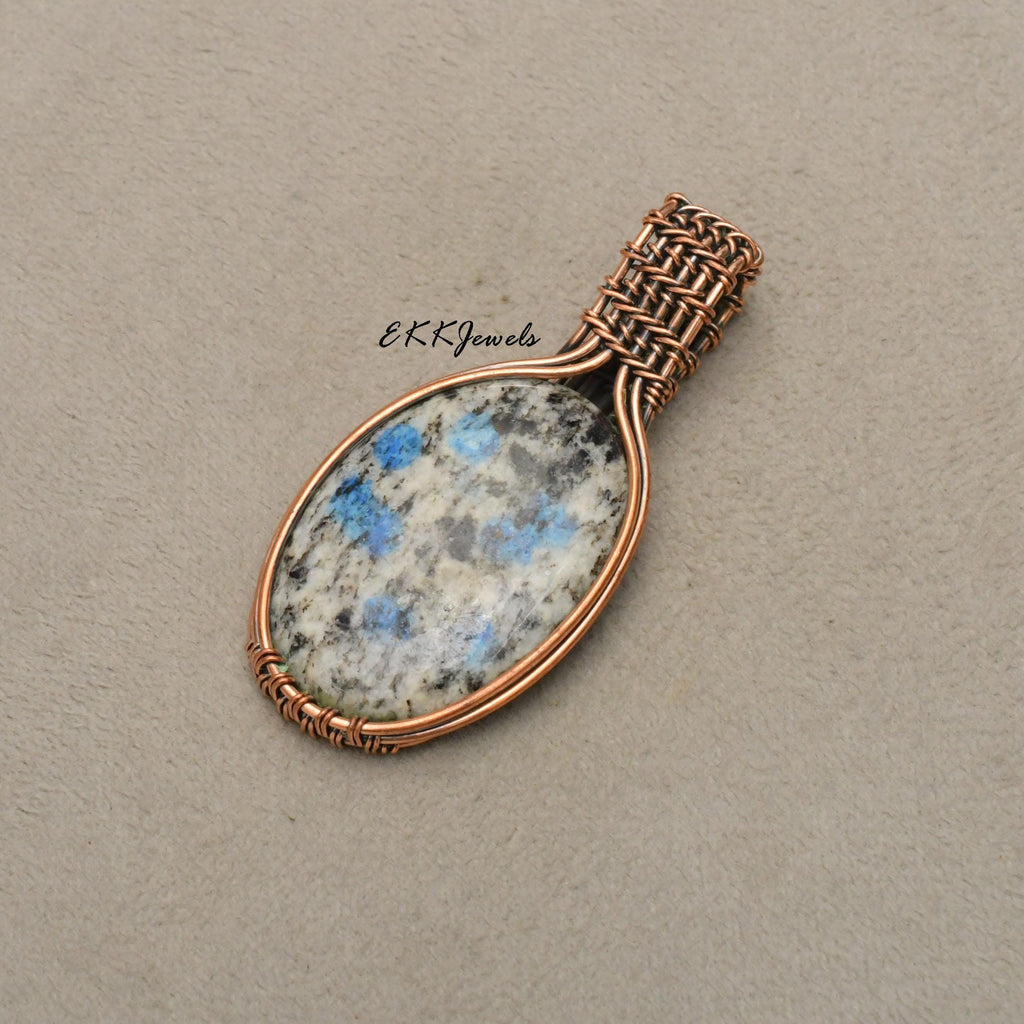 Handmade K2 Azurite Pendant: Copper Wire Wrapped Necklace Jewelry