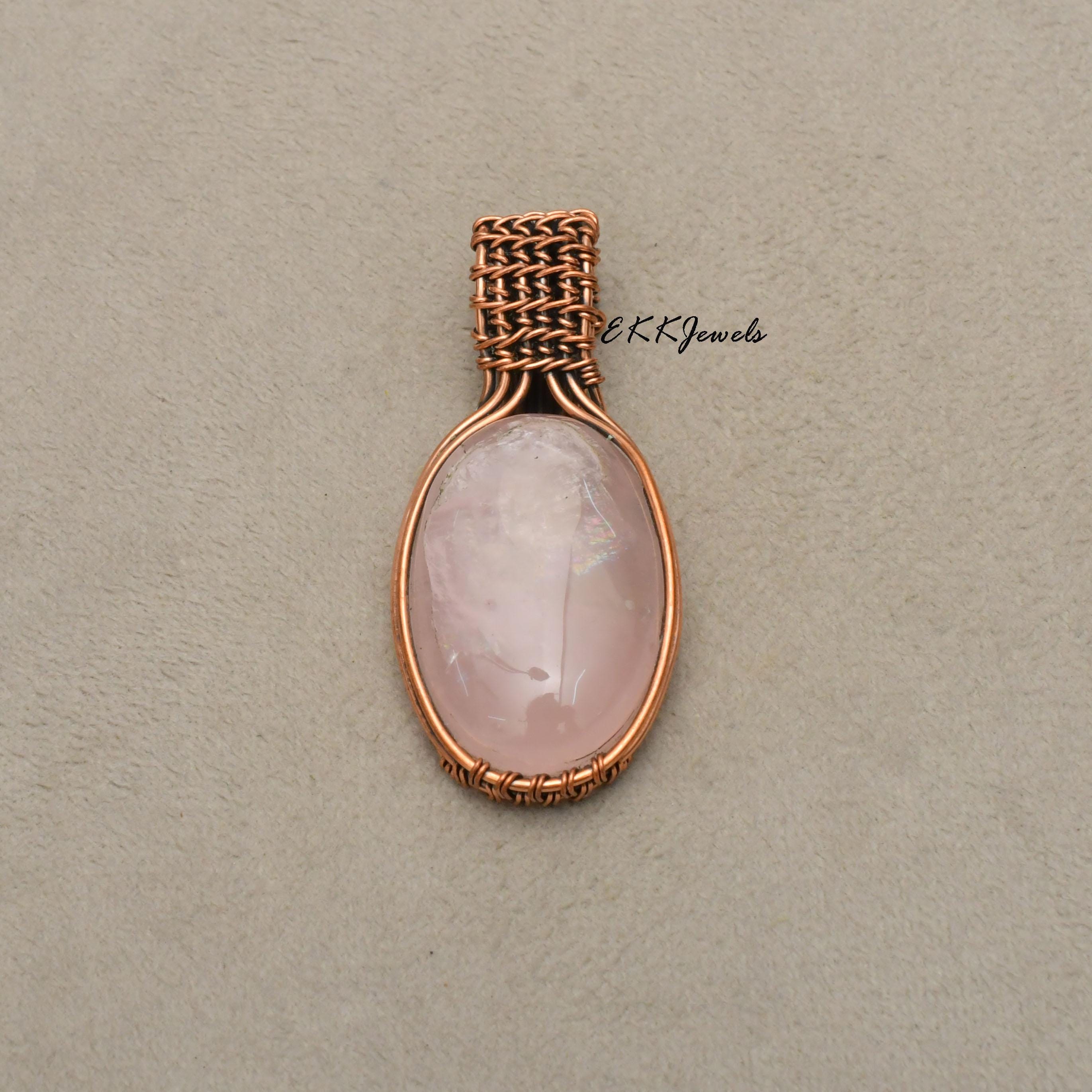 EkkJewels Handmade Rose Quartz Pendant Necklace Copper Wire Wrapped