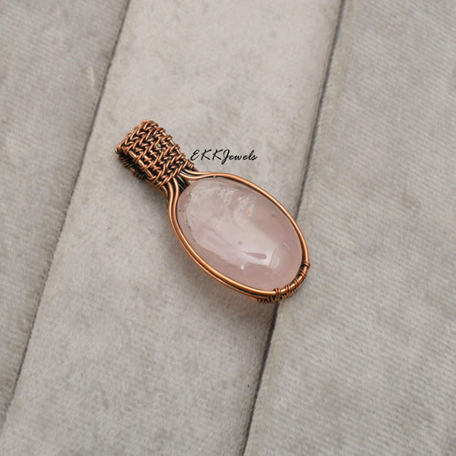 EkkJewels Handmade Rose Quartz Pendant Necklace Copper Wire Wrapped