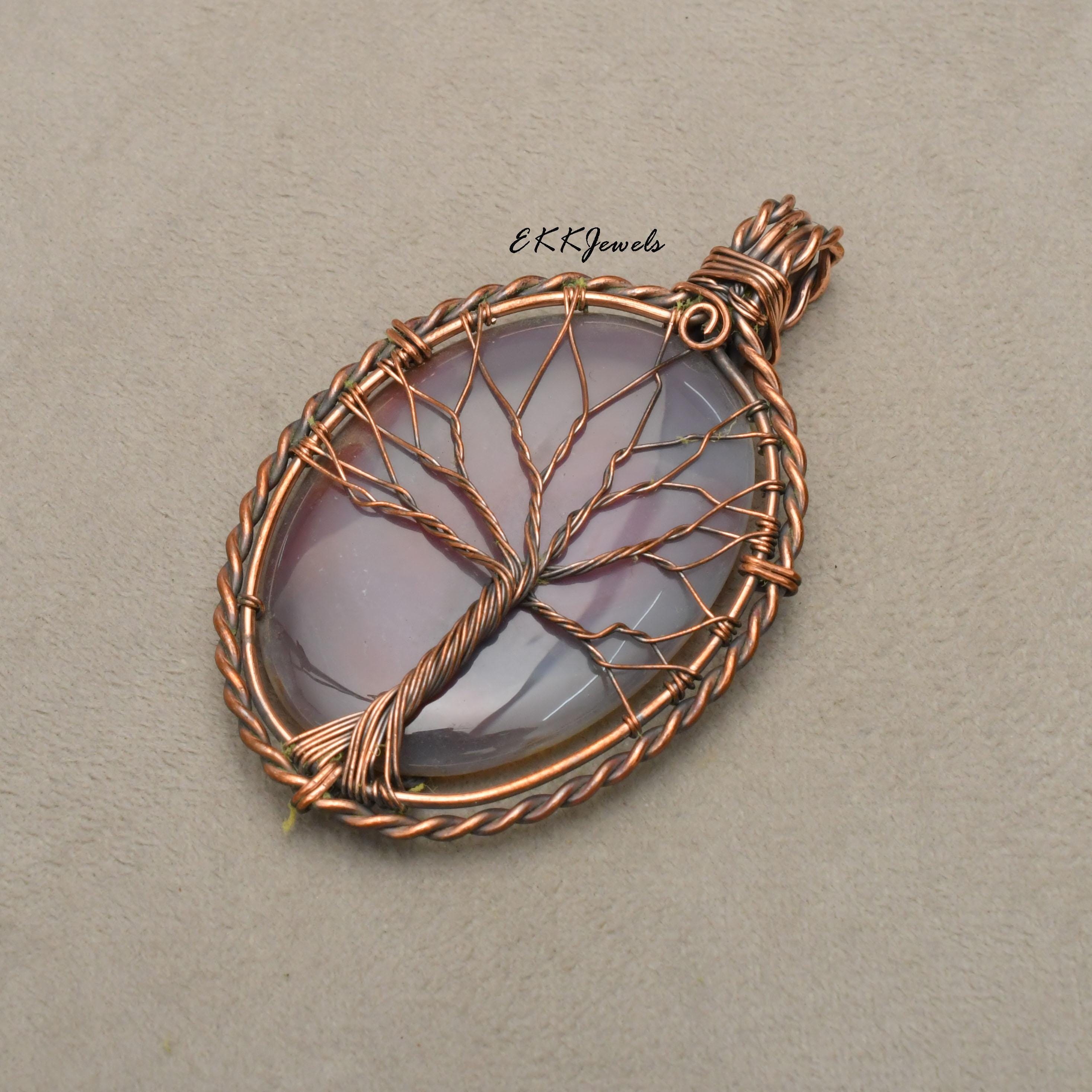 Handmade Botswana Agate Tree of Life Copper Pendant Necklace Jewelry