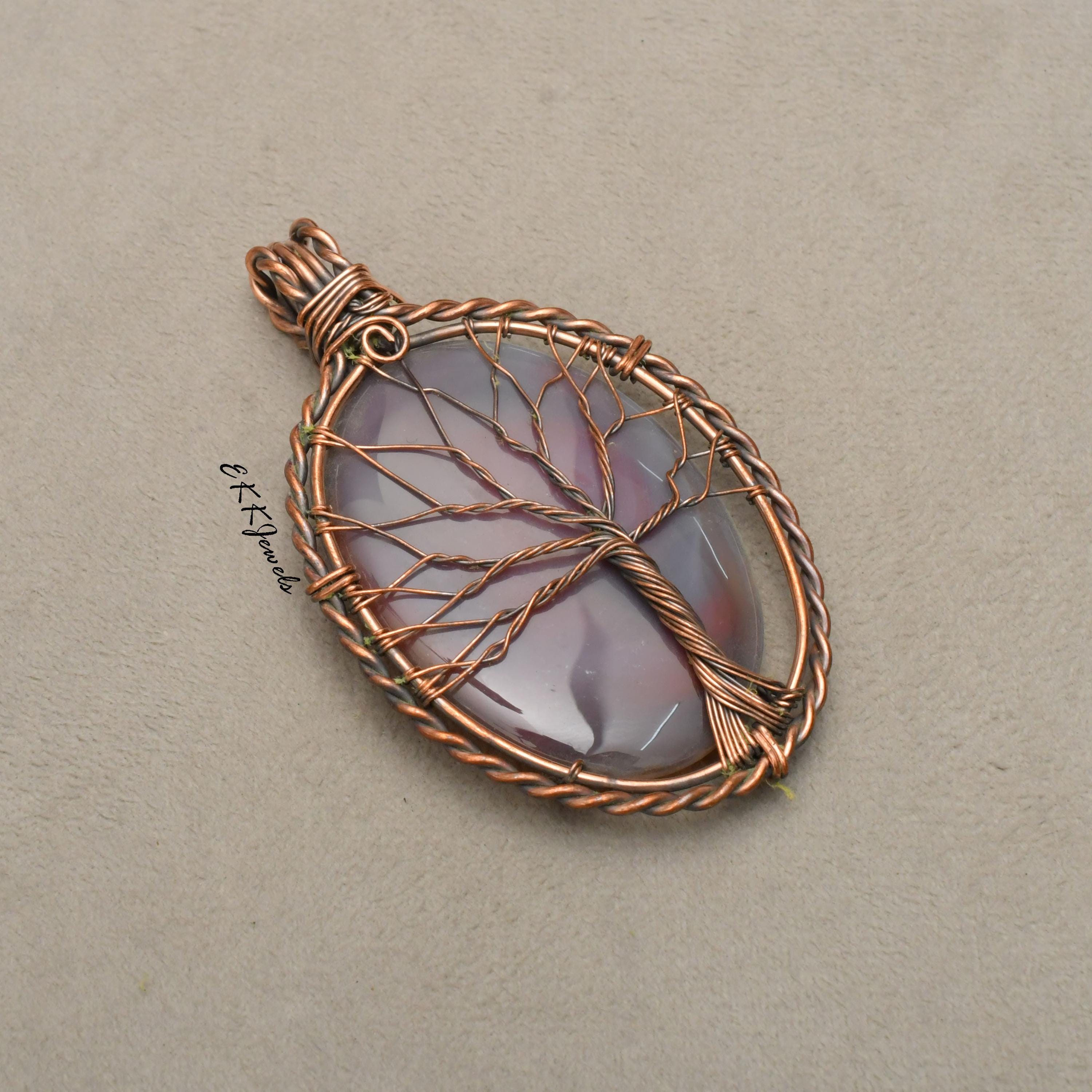 Handmade Botswana Agate Tree of Life Copper Pendant Necklace Jewelry
