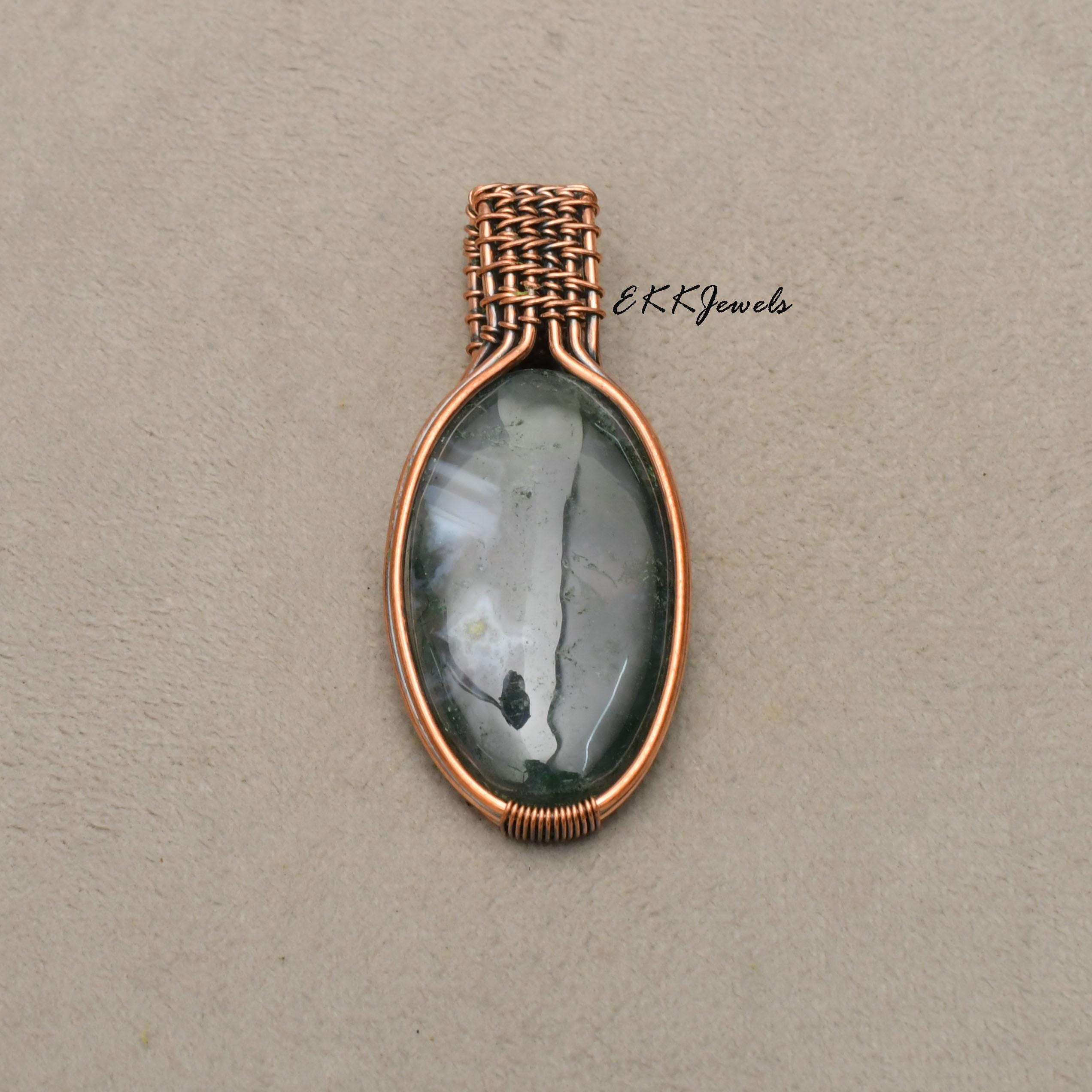 EkkJewels Handmade Prehnite Pendant Necklace Copper Wire Wrapped