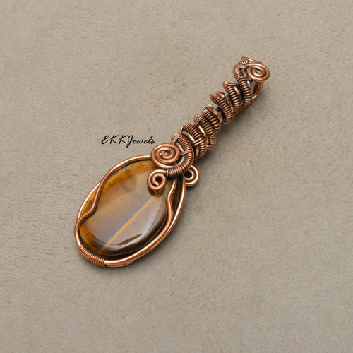 EkkJewels Handmade Tiger's Eye Pendant Copper Wire Wrapped Necklace