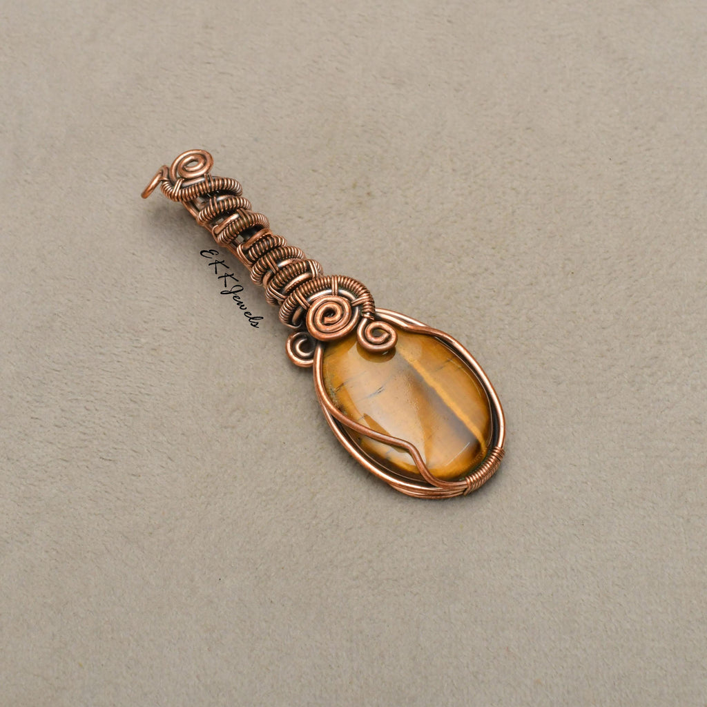 EkkJewels Handmade Tiger's Eye Pendant Copper Wire Wrapped Necklace