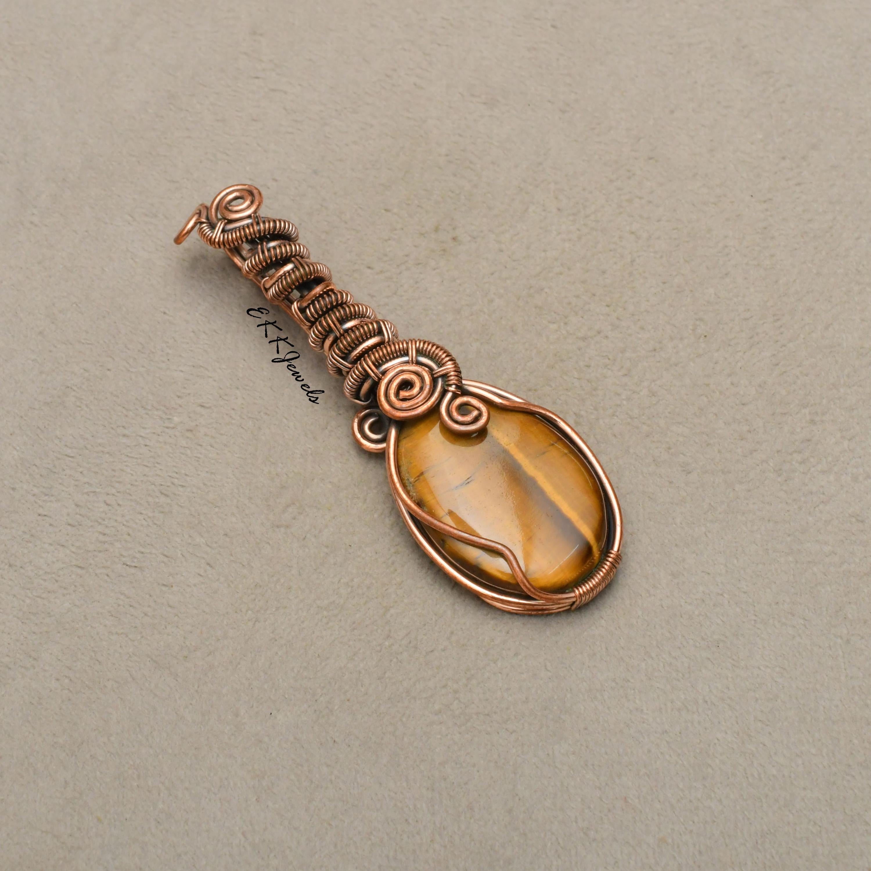 EkkJewels Handmade Tiger's Eye Pendant Copper Wire Wrapped Necklace