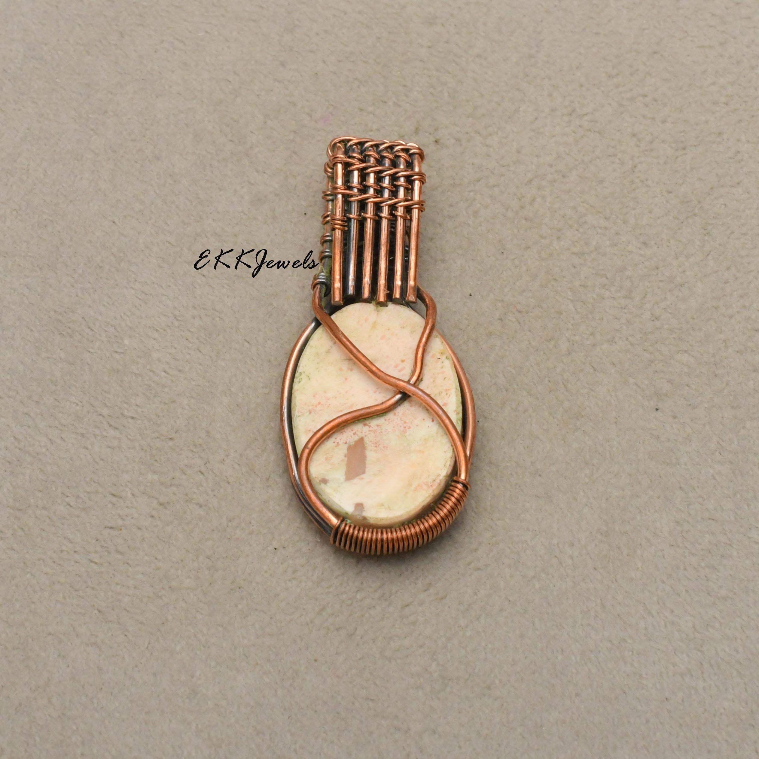 EkkJewels Handmade Scolecite Copper Wire Wrapped Pendant Necklace
