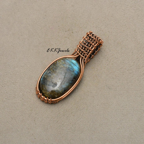 EkkJewels Handmade Copper Wire Wrapped Labradorite Pendant Necklace