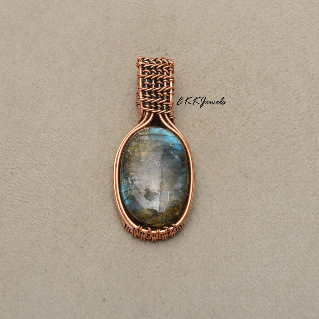 EkkJewels Handmade Copper Wire Wrapped Labradorite Pendant Necklace