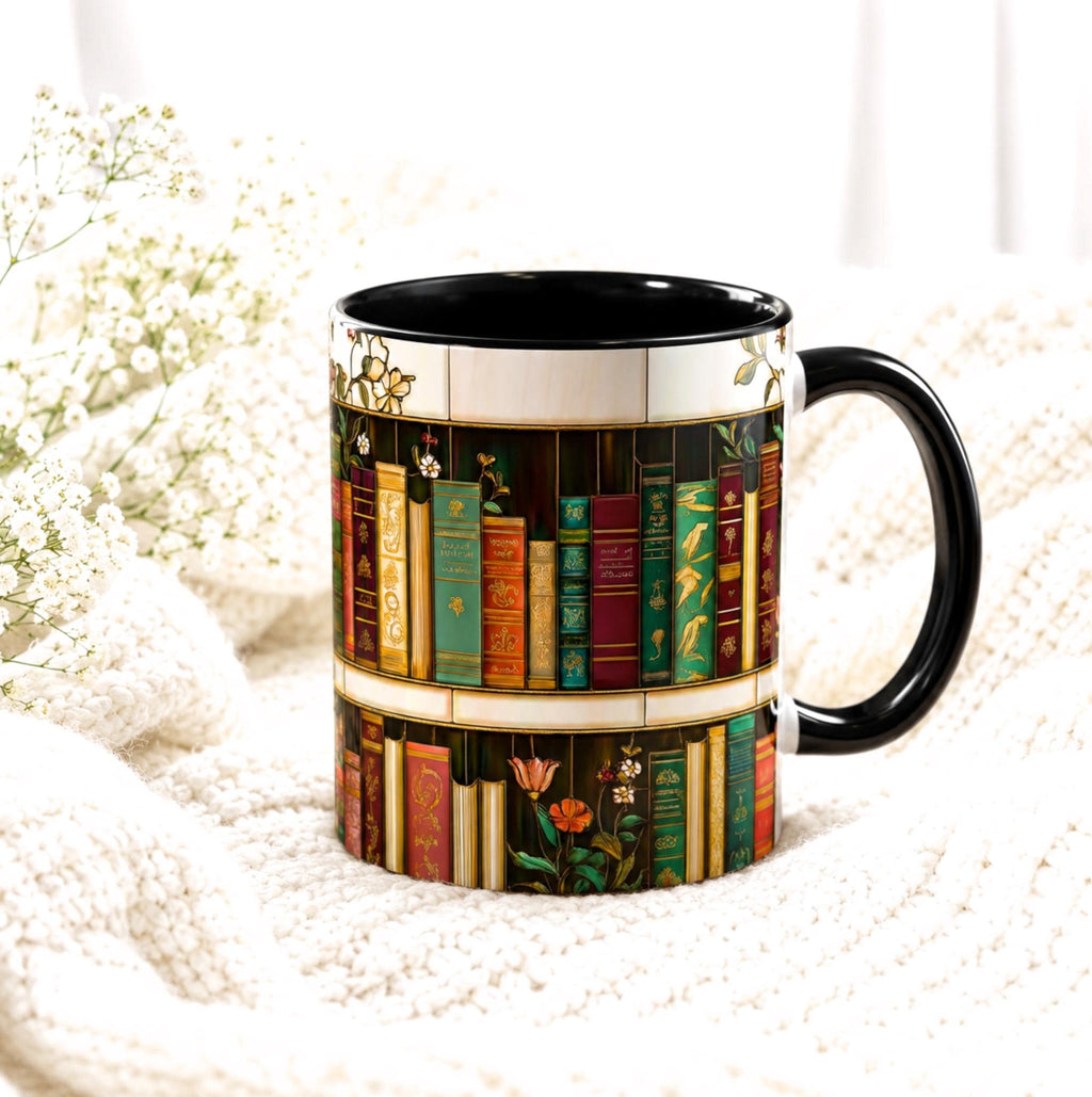 LELORESTORE Floral Bookshelf Stained Glass Ceramic Mug Book Lover Gift