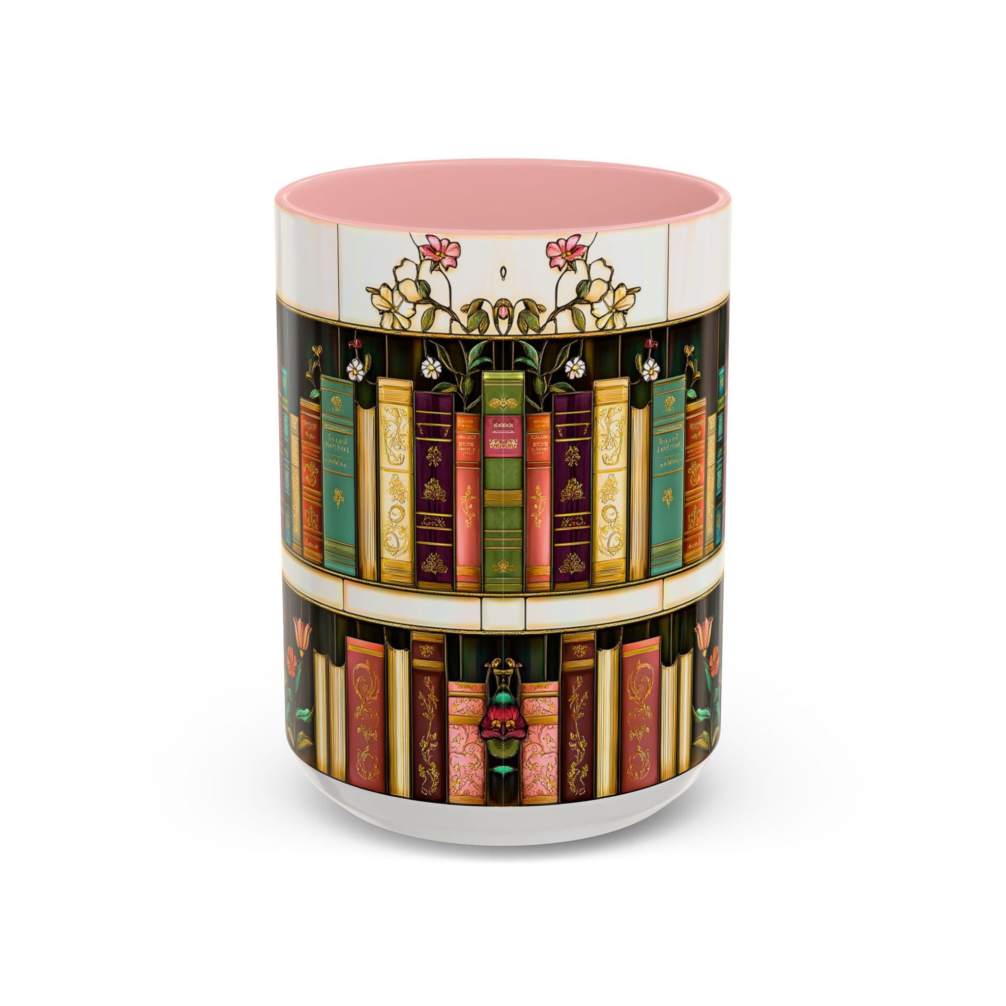 LELORESTORE Floral Bookshelf Stained Glass Ceramic Mug Book Lover Gift