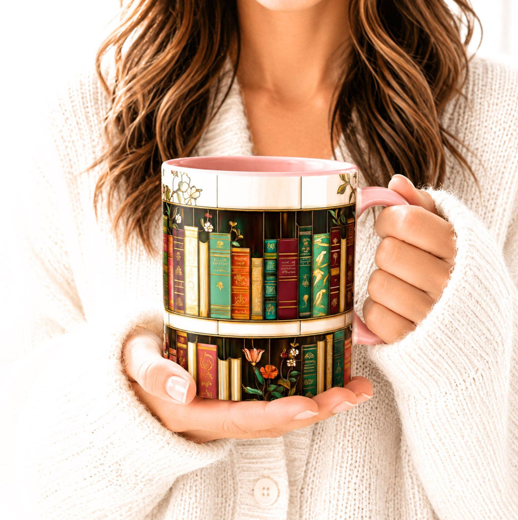 LELORESTORE Floral Bookshelf Stained Glass Ceramic Mug Book Lover Gift