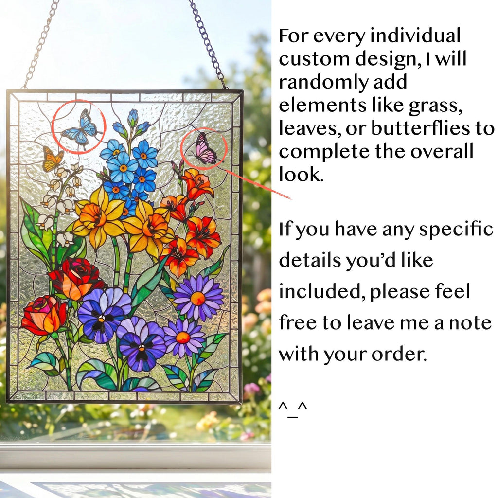 RainLine Custom Birth Flower Bouquet Stained Glass Suncatcher Personalized