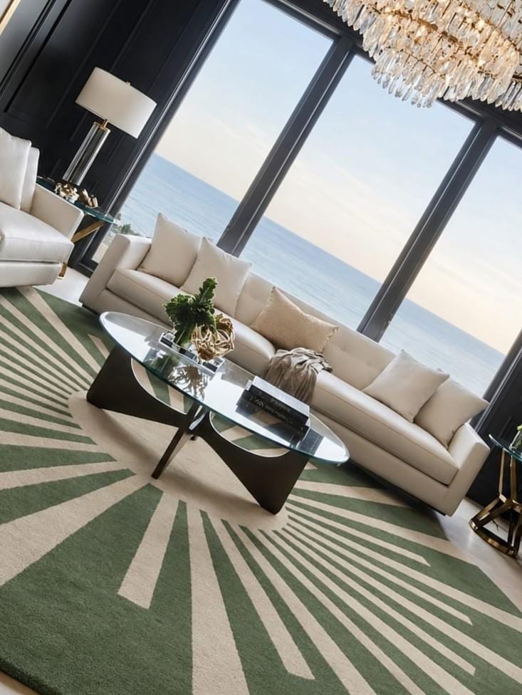 RugverseCreations Hand-Tufted Wool Round Rug with Sunburst Pattern Sage Green