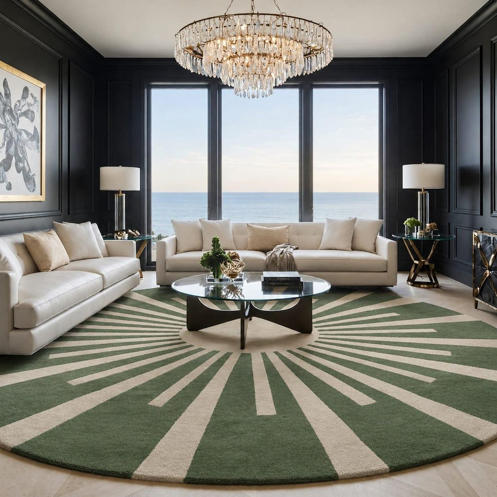 RugverseCreations Hand-Tufted Wool Round Rug with Sunburst Pattern Sage Green